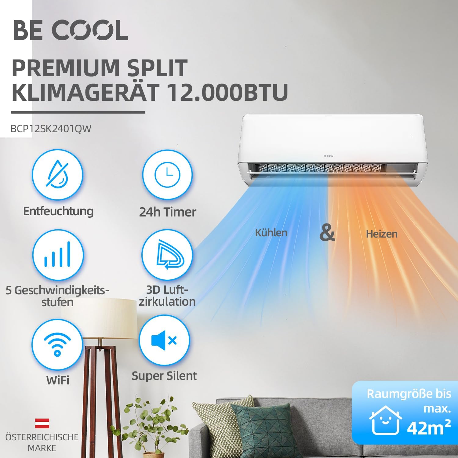 BE COOL Premium Split-Klimagerät T-PRO Series 12.000 BTU – Smarte Klimatisierung für Ihr Zuhause!