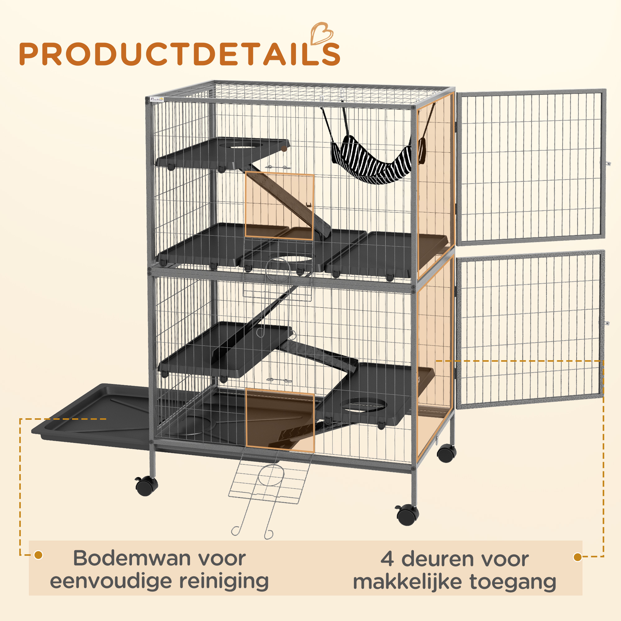 PawHut Kleine huisdierkooi met hangmat, knaagdierkooi met wielen, 4-verdiepingen kooi, Metaal, Kunststof, 80 x 52 x 128 cm, Grijs