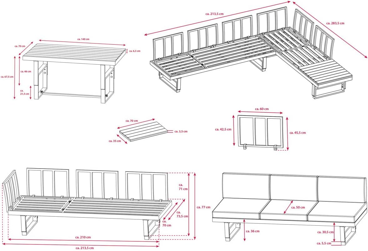Green Spirit - Gartenlounge-Set Piazza - Grau, Aluminium, Tisch und Sitzbank höhenverstellbar, Wetterfest, Gartenmöbel-Set mit 2 Sofas & Tisch, Eck-Lounge für Garten, Terrasse & Outdoor