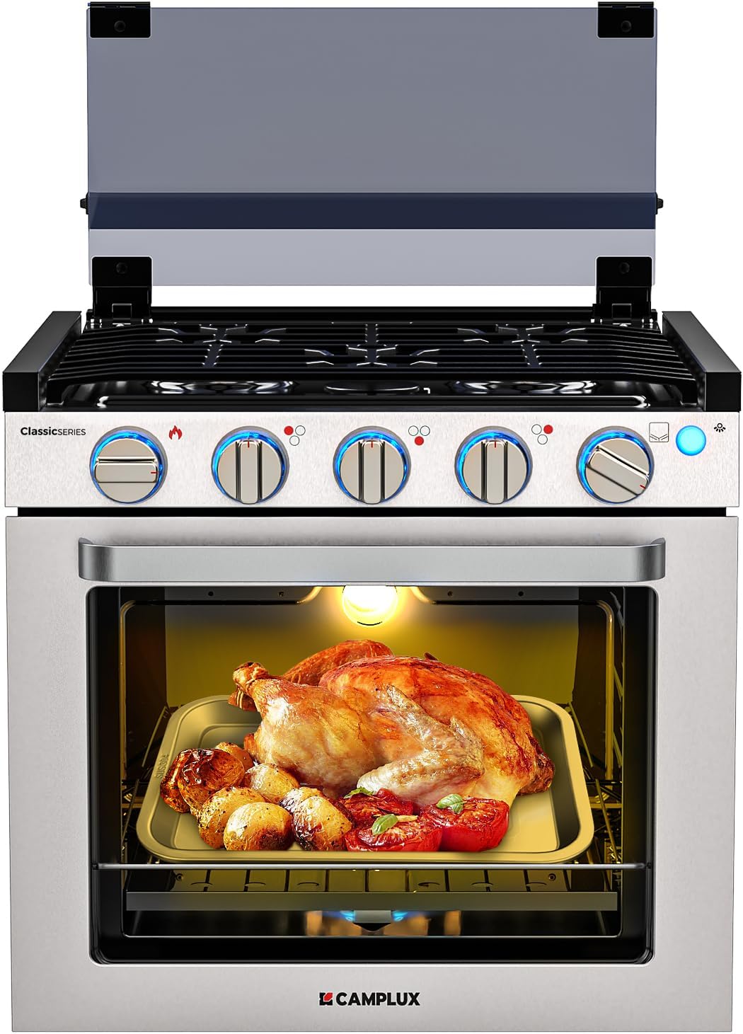 RV liquefied gas stove 21 inches high. a liquefied gas stove oven with 3 burners. suitable for RVs. apartments. mobile homes. made of stainless steel material