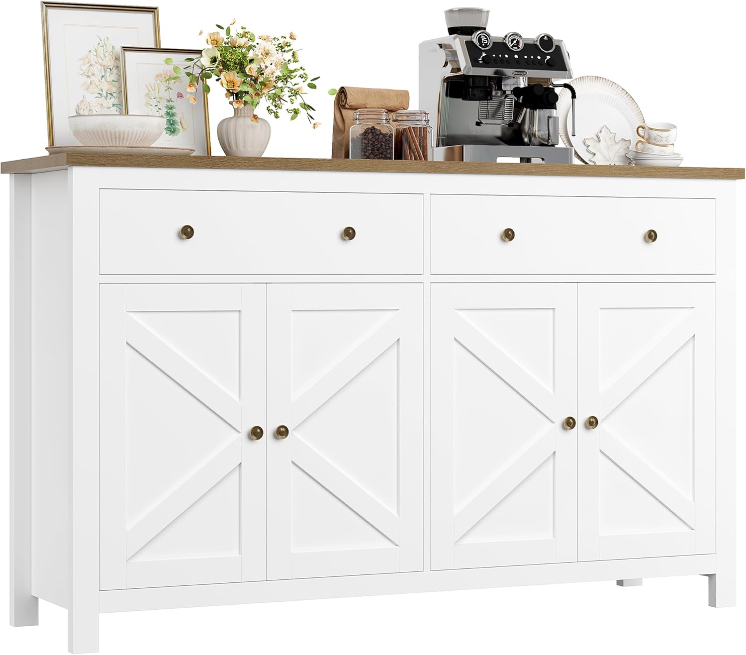 FirFurd Sideboard 140cm Breit Küchenschrank mit Arbeitsplatte Buffetschrank mit 2 Schubladen 4 Türen Küchenbuffet mit verstellbaren Ablagen für Wohnzimmer Küche Esszimmer 140x40x89 cm weiß