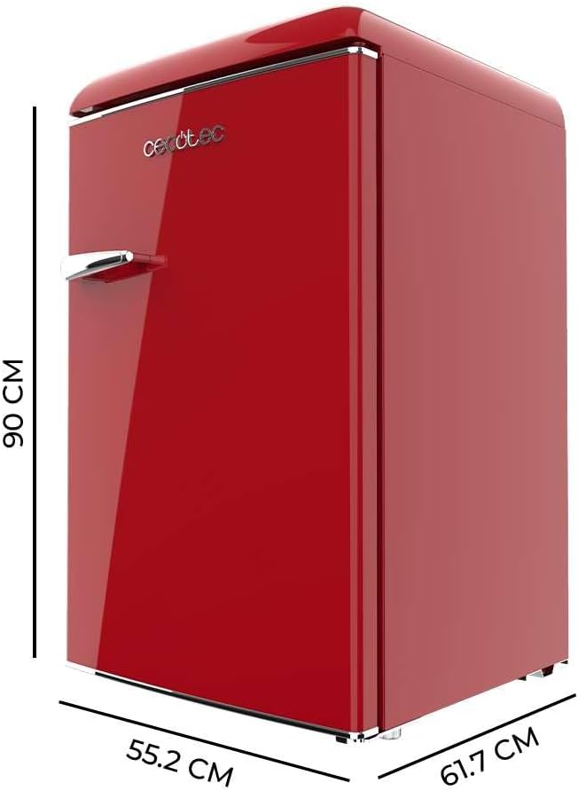 Cecotec Mini Nevera Retro 1 Puerta - 110 L Bolero CoolMarket TT Origin 110 Red E. Mini Frigorífico, ICEBOX, Luz Interior, Tirador Cromado, Bandejas Cristal, Abridor Botellines, Estilo Vintage en Rojo