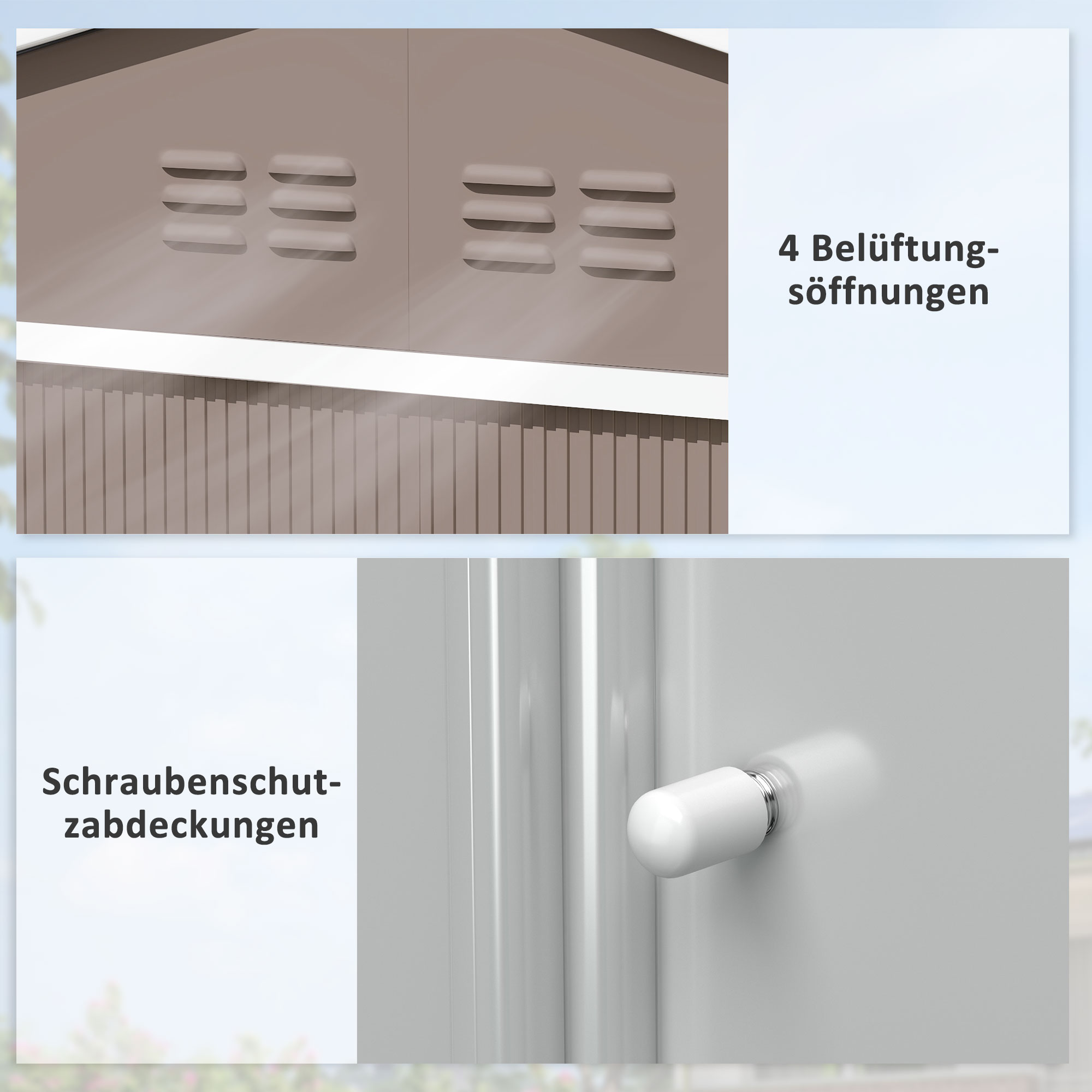 Metalen tuinschuur met schuifdeuren en ventilatieramen, 277 x 195 x 192 cm, lichtgrijs