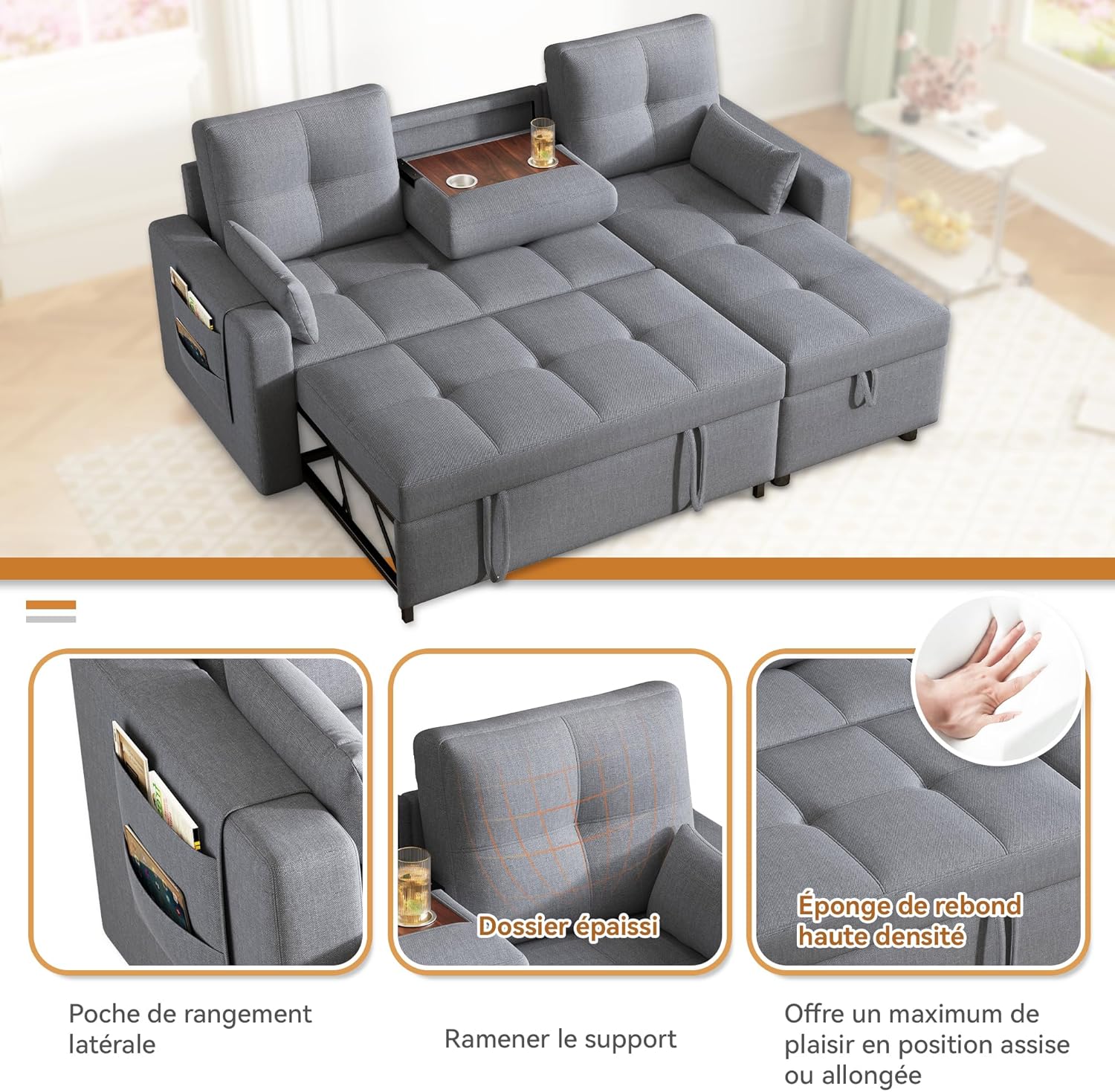 Modernes L-Sofa, modulares ausziehbares Schlafsofa mit Schlaffunktion, ausgestattet mit Stauraum, herunterziehbarem Getränkehalter, geeignet für Wohnzimmer, Heimkino (Grau)
