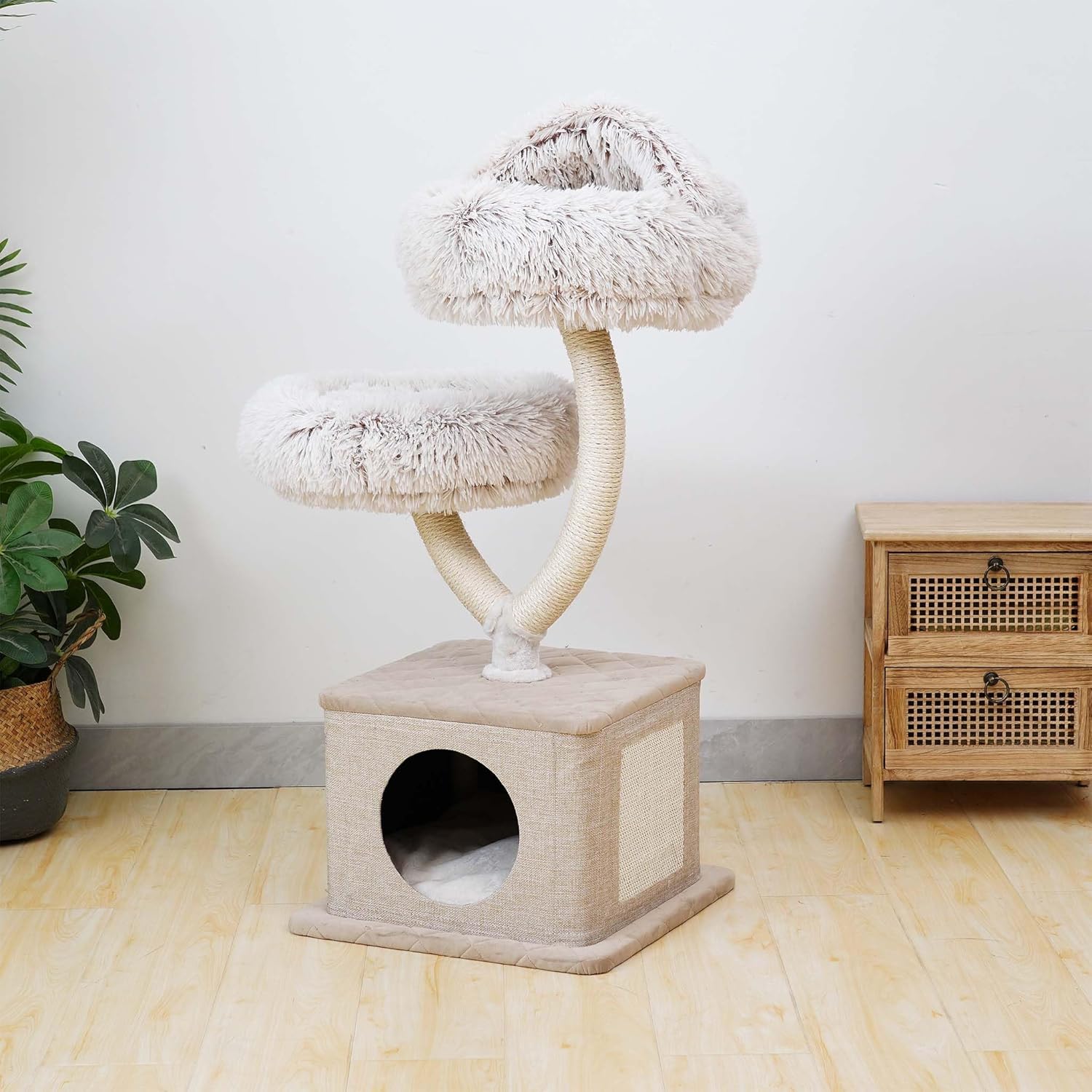 Fudajo Designer Krabpaal in Takontwerp 130 cm hoog, Kattenkrabpaal met Pluche en Sisal, Klimboom voor Katten, Kattenboom met Hanggemat