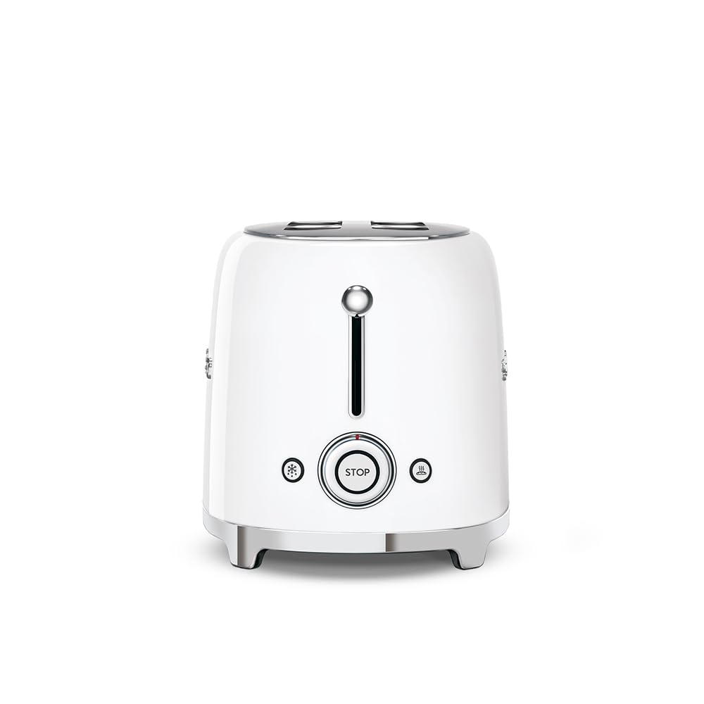 Smeg, 2x2 TSF02WHEU -Toaster, 2 lange Schlitze für 2 Scheiben, 6 Vergoldungsniveaus, Heizfunktion, Abtau- und Bagel- Funktion, Sammelschublade, 950W, Weiß