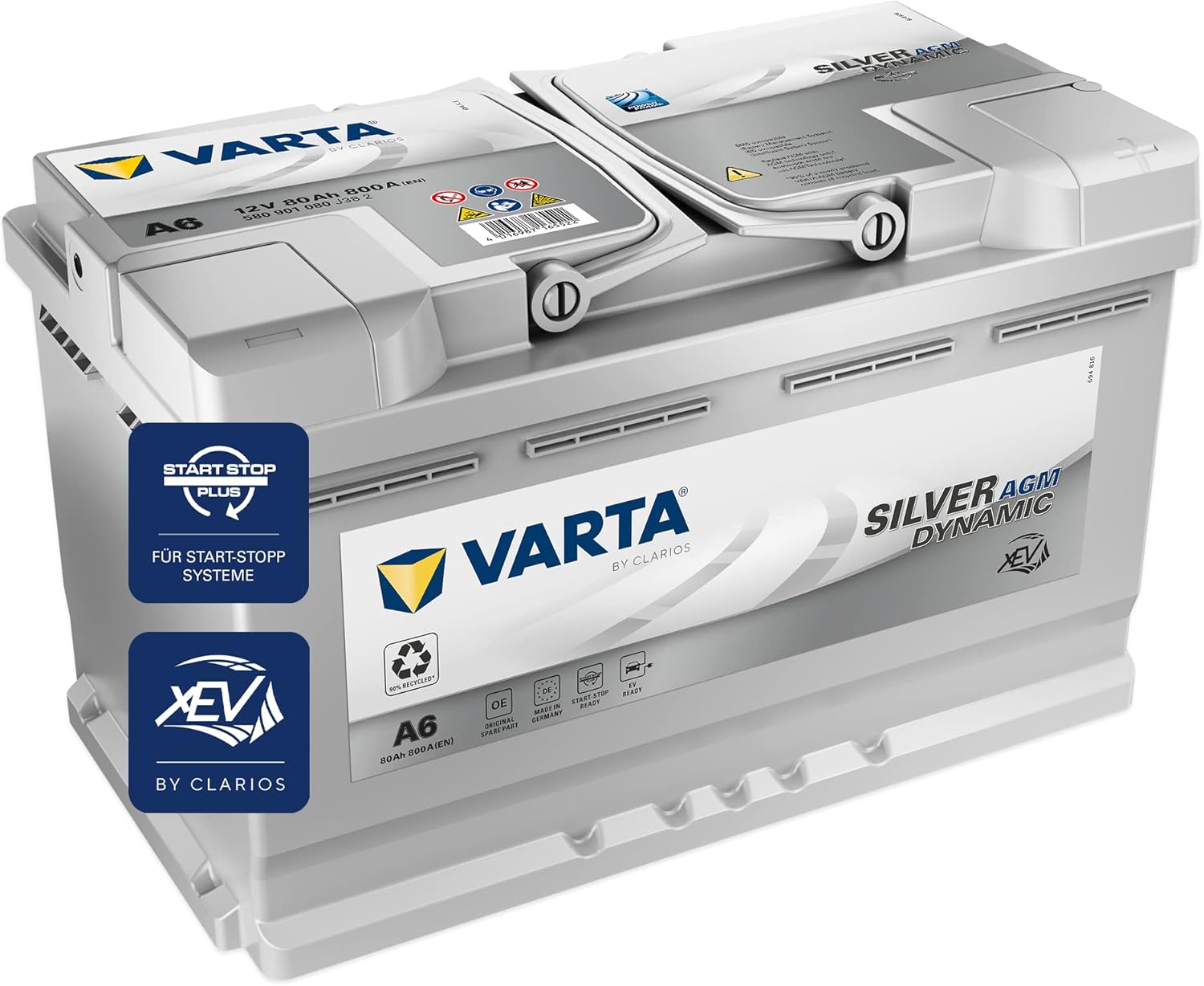 VARTA Silver Dynamic AGM Batterie A6 – Start-Stop und xEV Autobatterie 12V 80Ah 800A – Starterbatterie für Autos mit hohem Energiebedarf