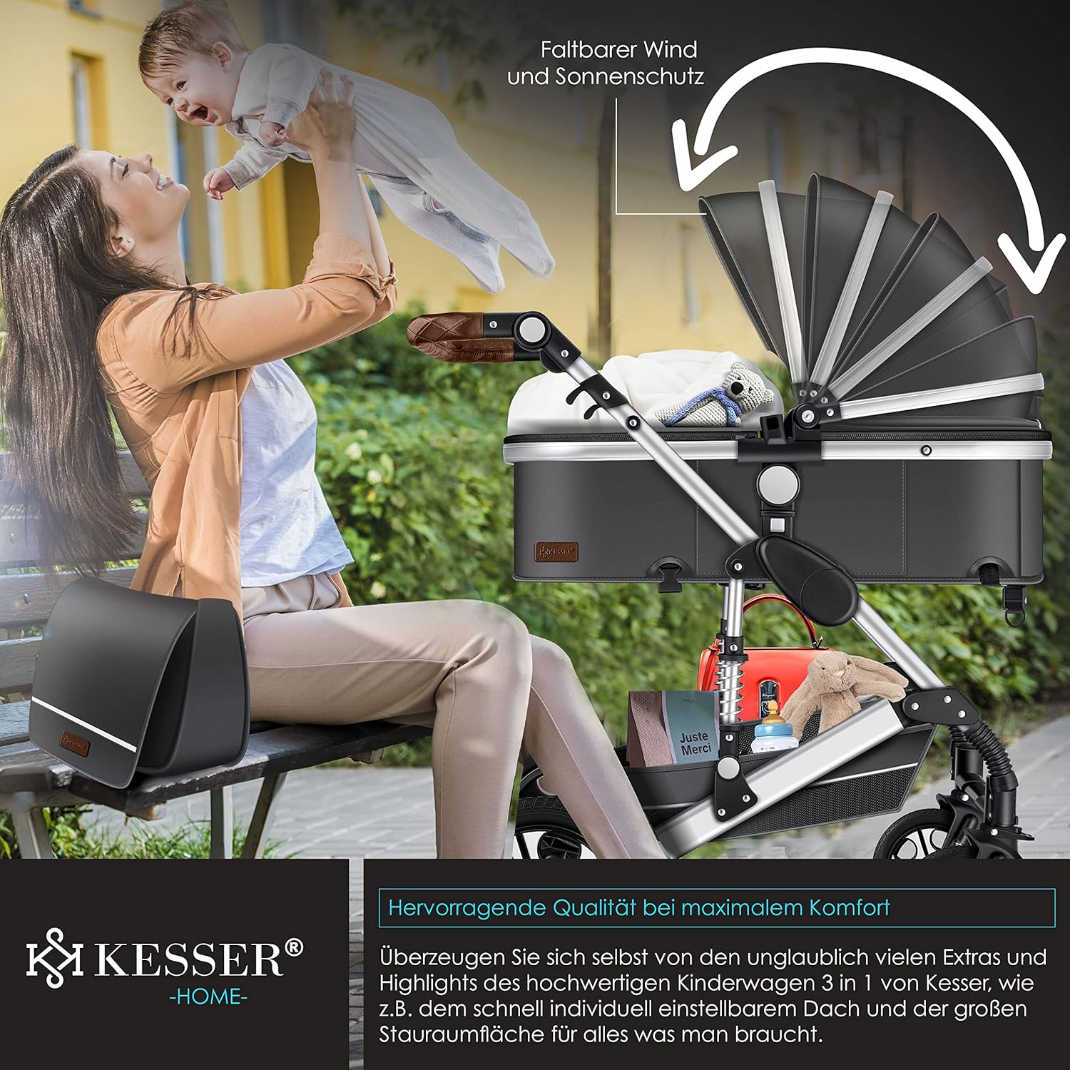 KESSER® Loops 3 in 1 Kinderwagen Kombikinderwagen Komplett-Set inkl. Babywanne & Buggy Sportsitz & Auto-Babyschale Voll-Gummireifen Wickeltasche Regenschutz Kindertisch ECE R129, Schwarz/Champagne