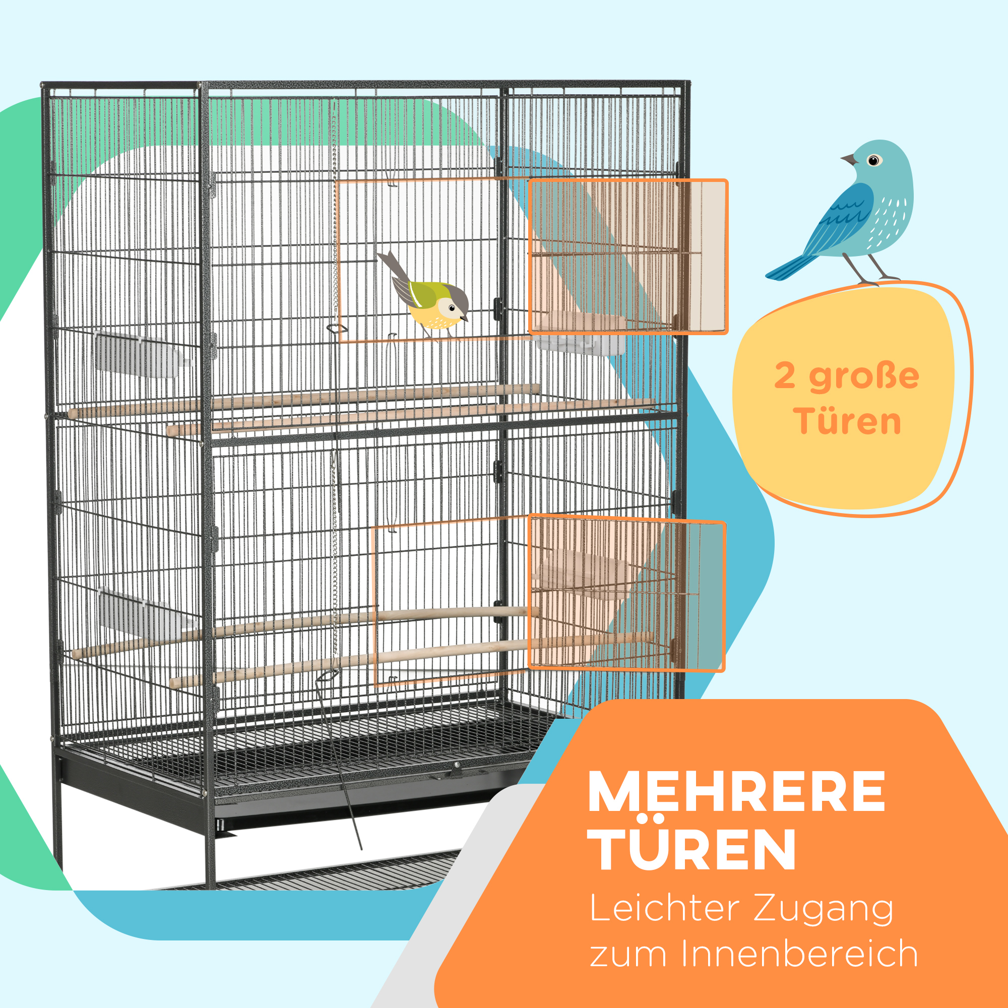 Vogelkooi inclusief zitstokken, vogelspeelgoed, uitneembare vloerbak, 1 plank, grijs