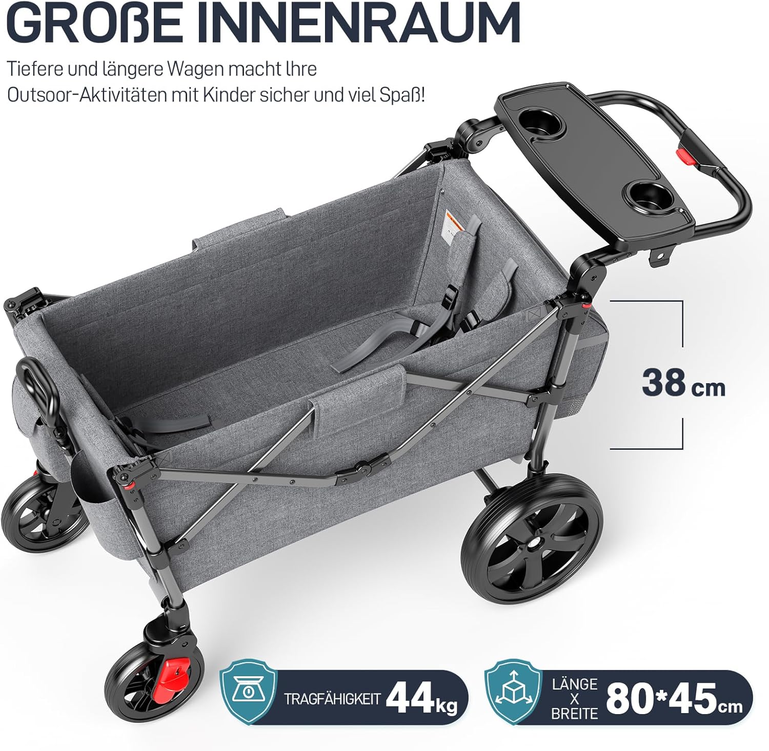 EVER ADVANCED Bolderkar voor 2 kinderen Opvouwbaar met dak, kinderwagen 2x5-punts veiligheidsgordel met luiertas, bolderkar met zitje, handwagen transportwagen, trekken & duwen, voetrem