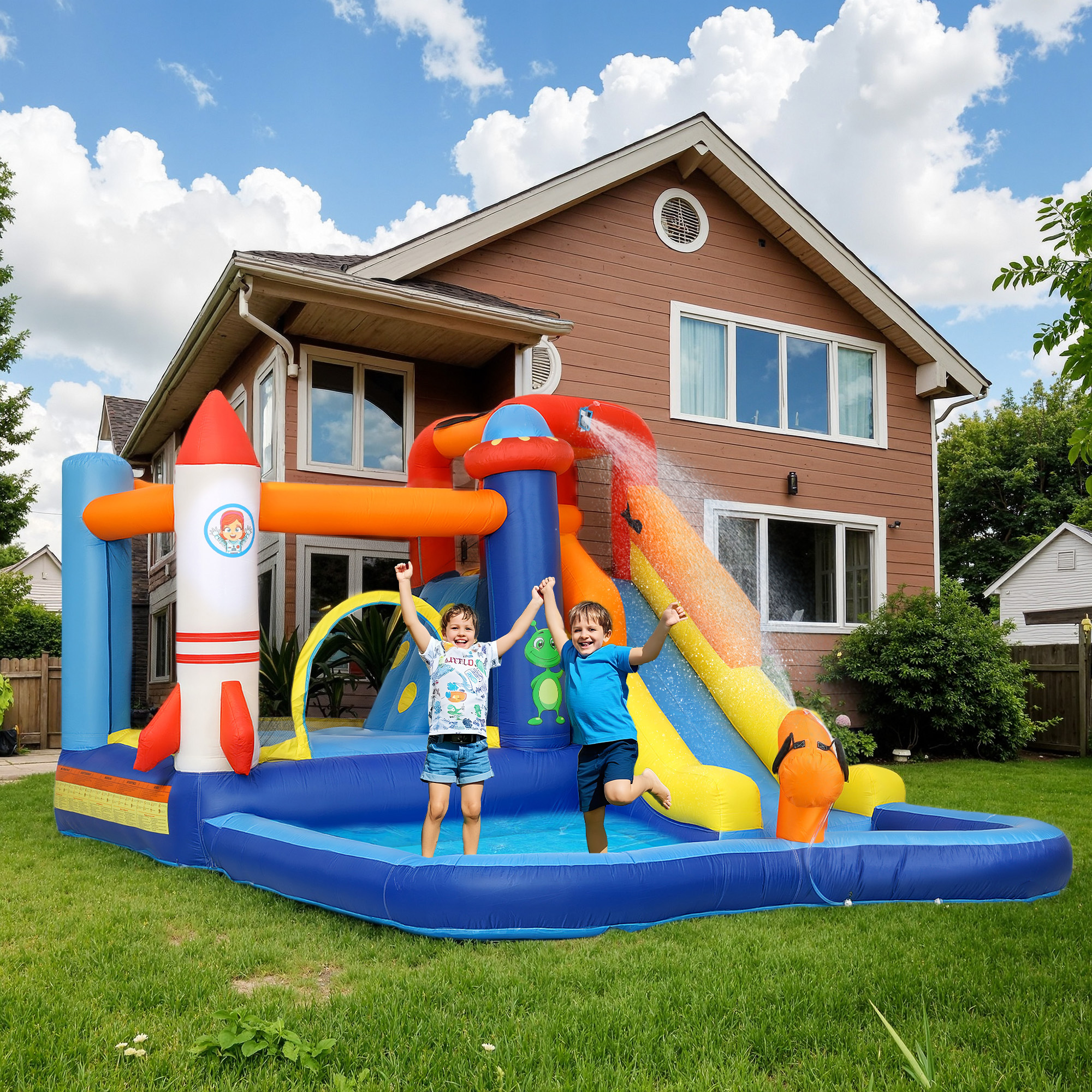AIYAPLAY 5-in-1 Springkasteel, met Waterglijbaan, Plonsbad, Waterspuit, Snel Opblaasbaar, 360 x 250 x 195 cm, Kleurrijk