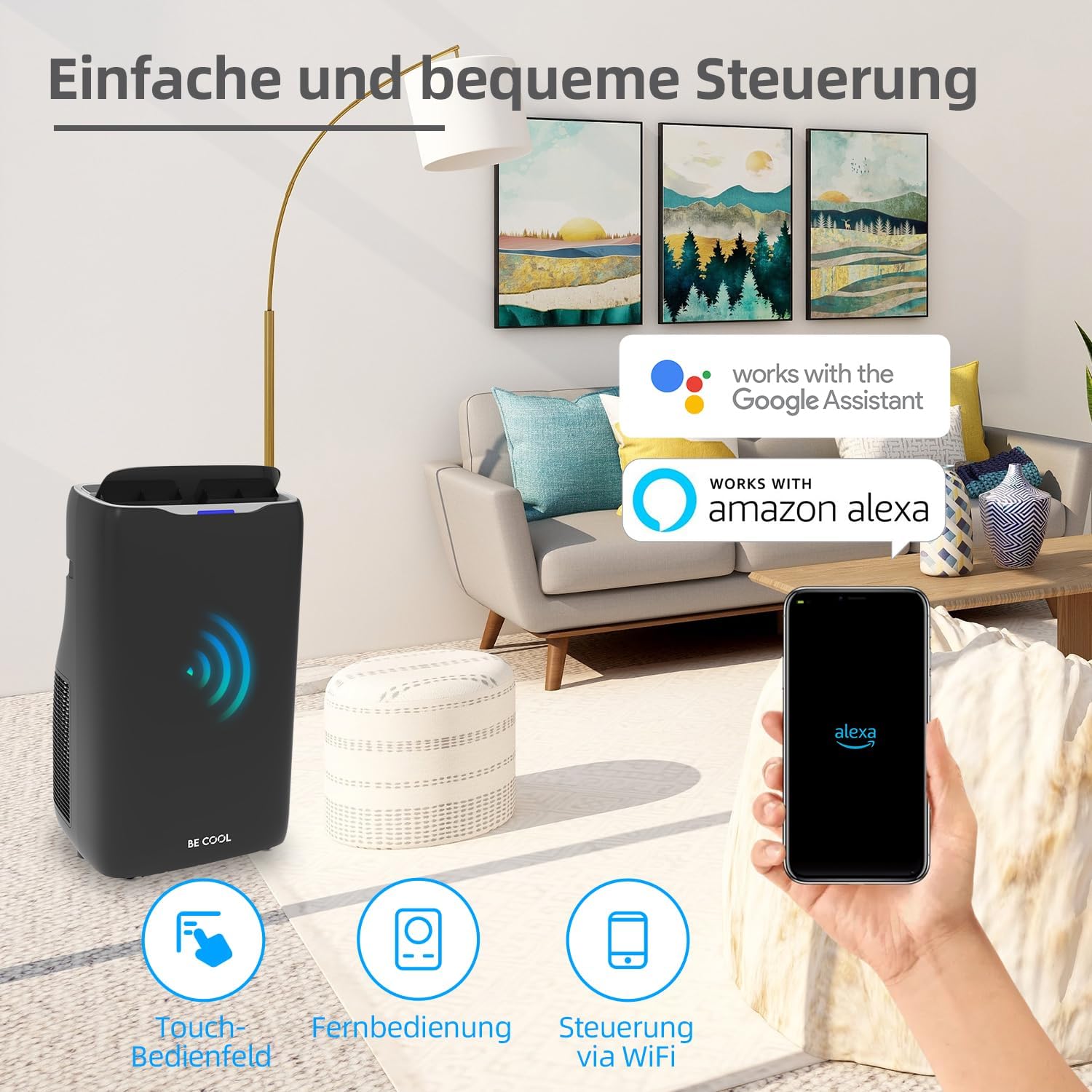 BE COOL 4in1 Klimagerät 14.000 BTU BC14KL2402FW – Kühlen: 14.000 BTU, Heizfunktion, bis max. 125 m³, WiFi-Steuerung, Fernbedienung, schwarz