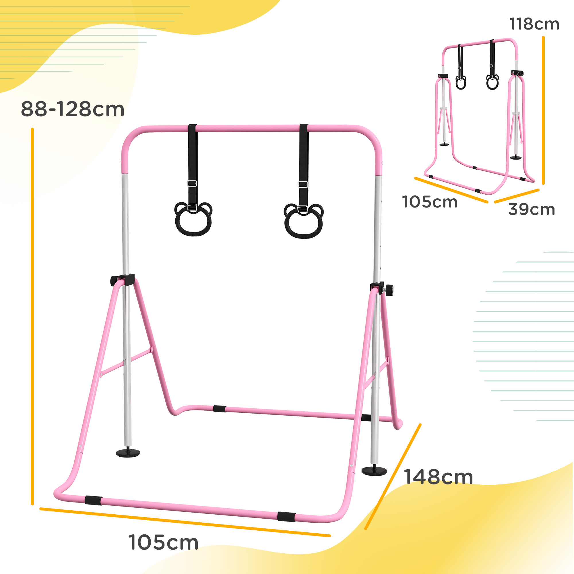 Kinderturnbar met Ringen, Hoogteverstelbaar, Opvouwbaar, Antislip, Stalen Frame, 148x105x88-128 cm, Roze