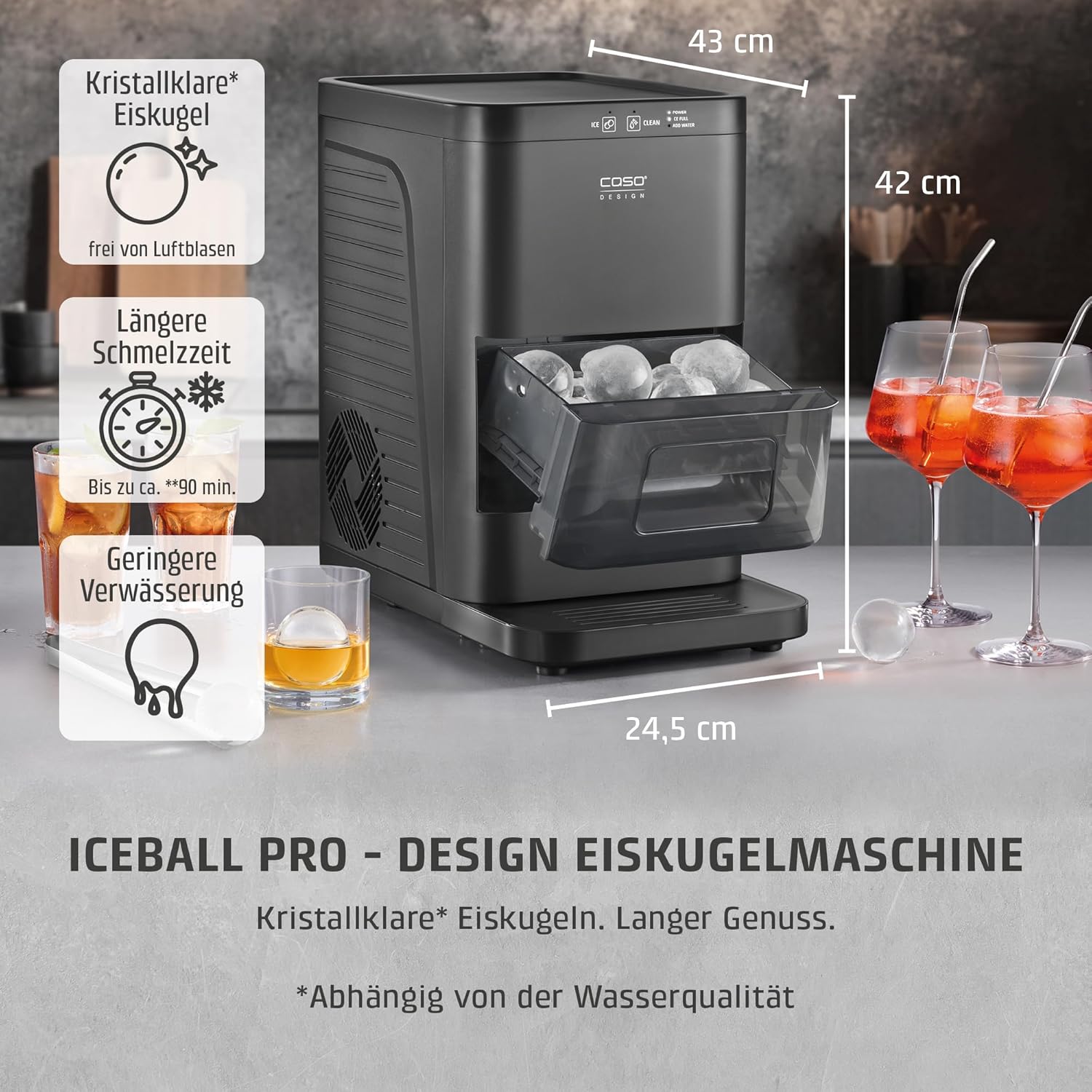 CASO IceBall Pro Eiskugelbereiter mit Kompressor - Kristallklare Eiskugeln 50-55 mm, 2 Kugeln/Stunde, 1,3 l Wassertank, Selbstreinigung, LED-Anzeige, mattschwarz