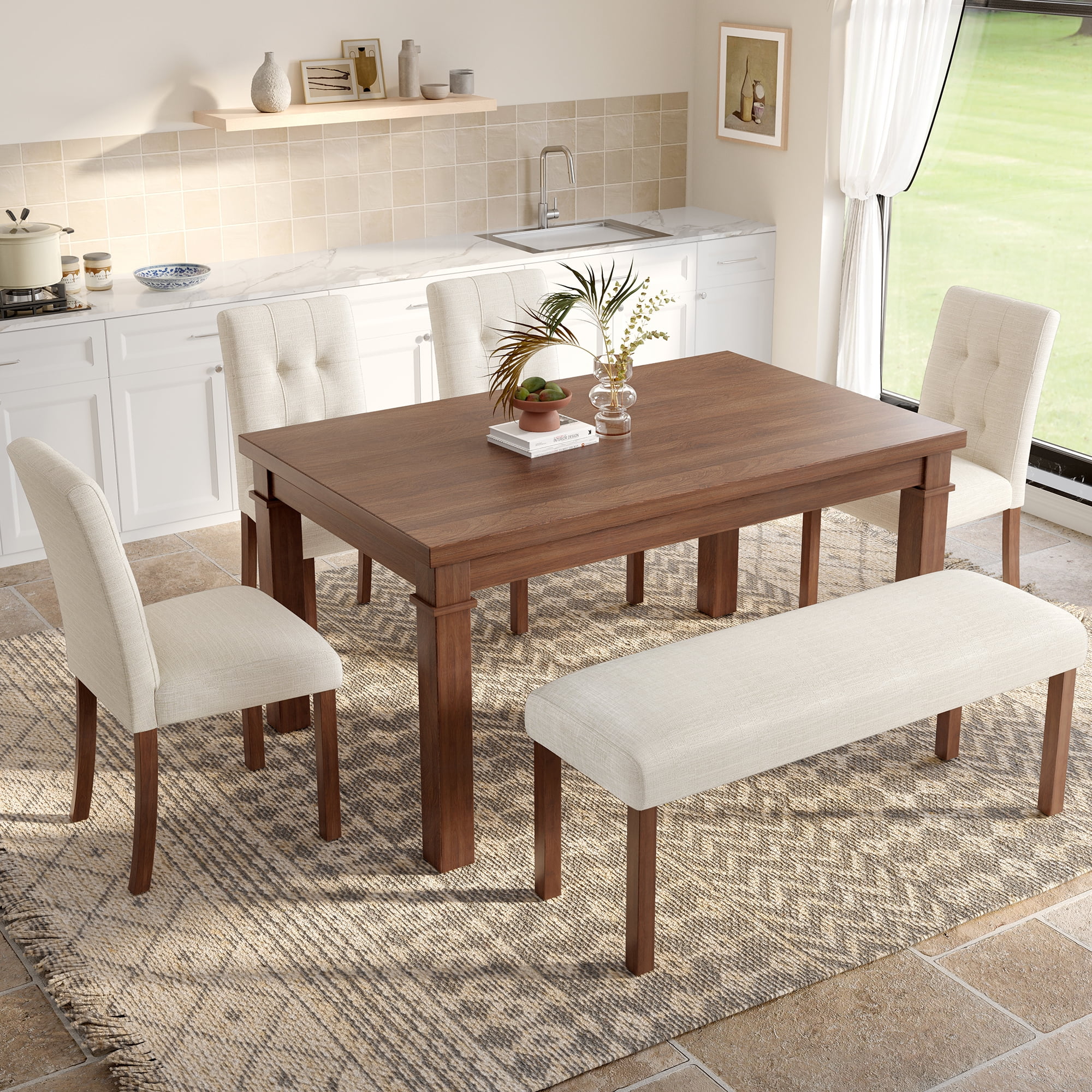 Euroco 6-Piece Wood Dining Table Set for 6, Modern Rectangular Kitchen Table with 4 Upholstered Chairs & Bench for Kitchen Dining Room,Walnut