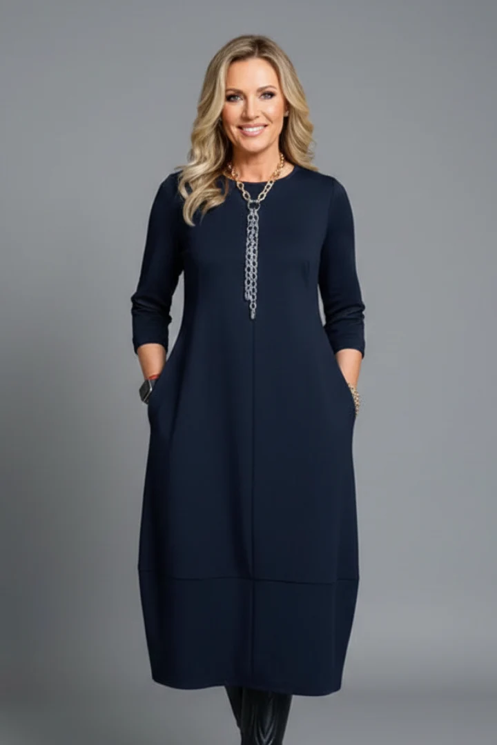 Midikleid Damen mit Taschen | A-Linie Kleid mit Rundhals und 3/4 Arm | Bequemes Freizeitkleid mit strukturierter Oberfl?che