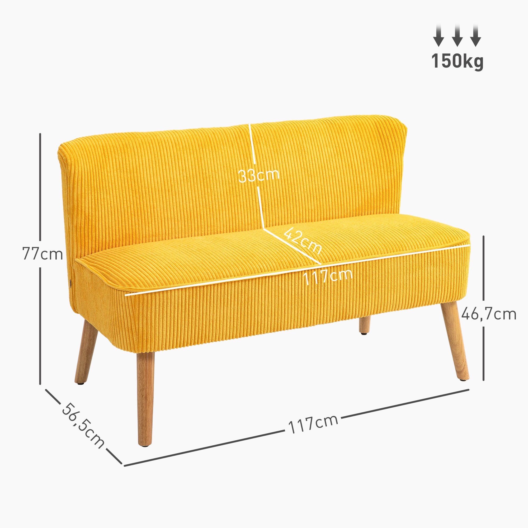 Tweezitsbank in elegant Scandinavisch ontwerp, stevig houten frame, tot 150 kg, 117 x 56,5 x 77 cm, Geel
