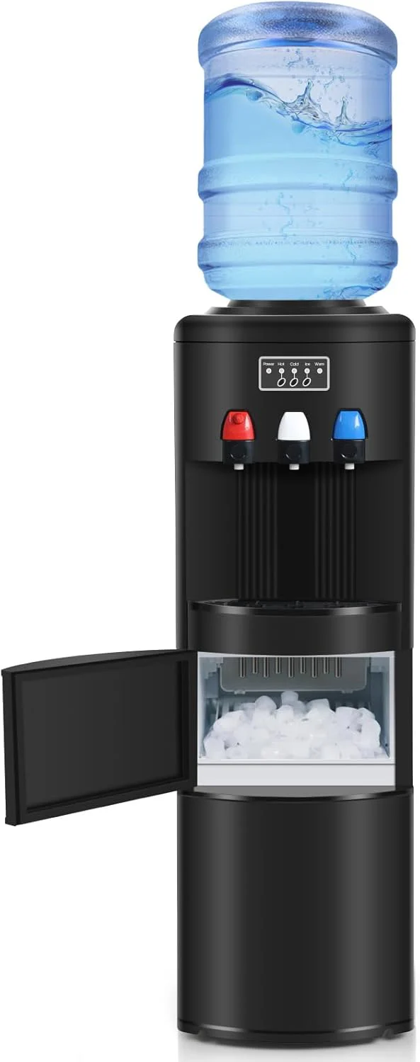 ICEPURE Water Dispenser with Ice Maker. 3-in-1 Hot and Cold Water Cooler with Built-in Bullet Ice Maker Machine. 26.5lbs/24H. Top Loading for 3-5 Gallon Bottle. Child Safety Lock. Black