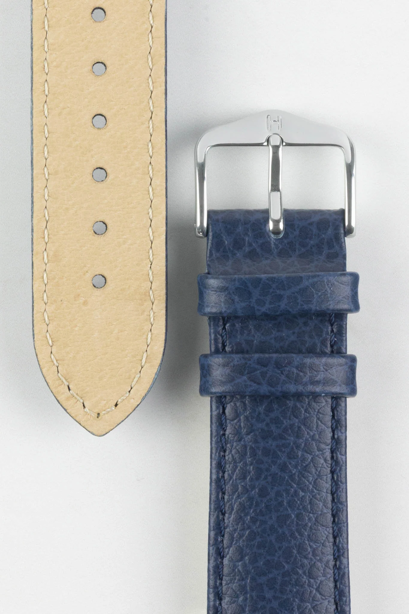 Hirsch KANSAS Buffalo Embossed Calf Leather Watch Strap in BLUE with Blue Stitch