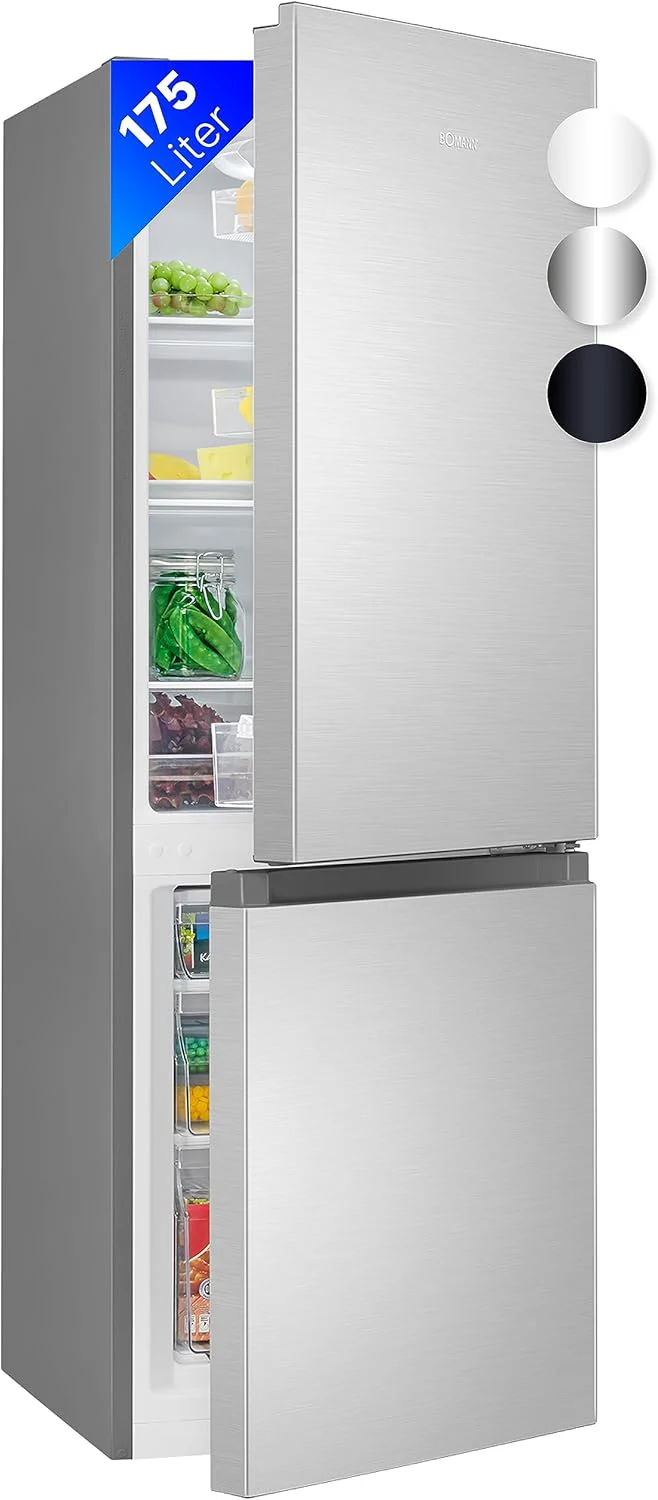 Bomann? K��hlschrank mit Gefrierfach 143cm hoch | K��hl Gefrierkombination 175L mit 3 Ablagen & 3 Schubladen | T��ranschlag wechselbar | leise K��hlgefrierkombi 39db | K��hlschrank KG 322.1 inox-look