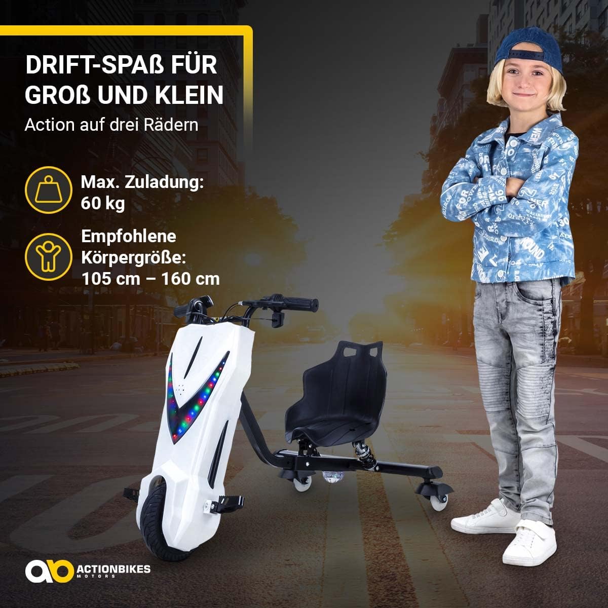 Actionbikes Motors Kinder Elektro Driftscooter | 𝟐𝟓𝟎 Watt Motor - Drift Cart 360°- 3 Geschwindigkeitsstufen - LED-Beleuchtung - Sitz verstellbar - Bluetooth - Drift Kart - Drift Auto (Space Purple)