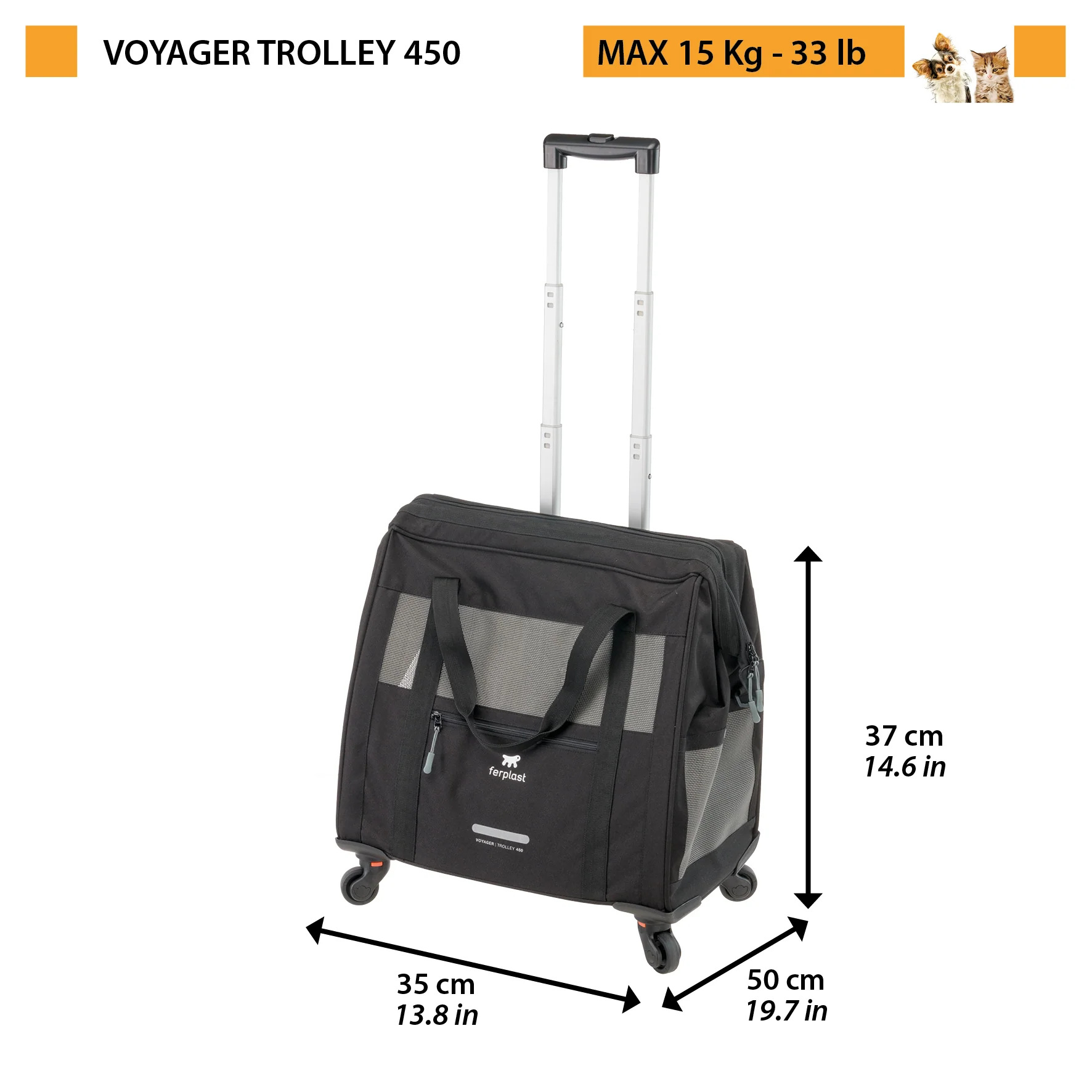 2025 Voyager Trolley van Ferplast �C stijlvolle, lichte trolley van kunstleer voor katten en kleine honden tot 15 kg. Met wieltjes, gaasramen en veiligheidsriem �C perfect voor comfortabel reizen.