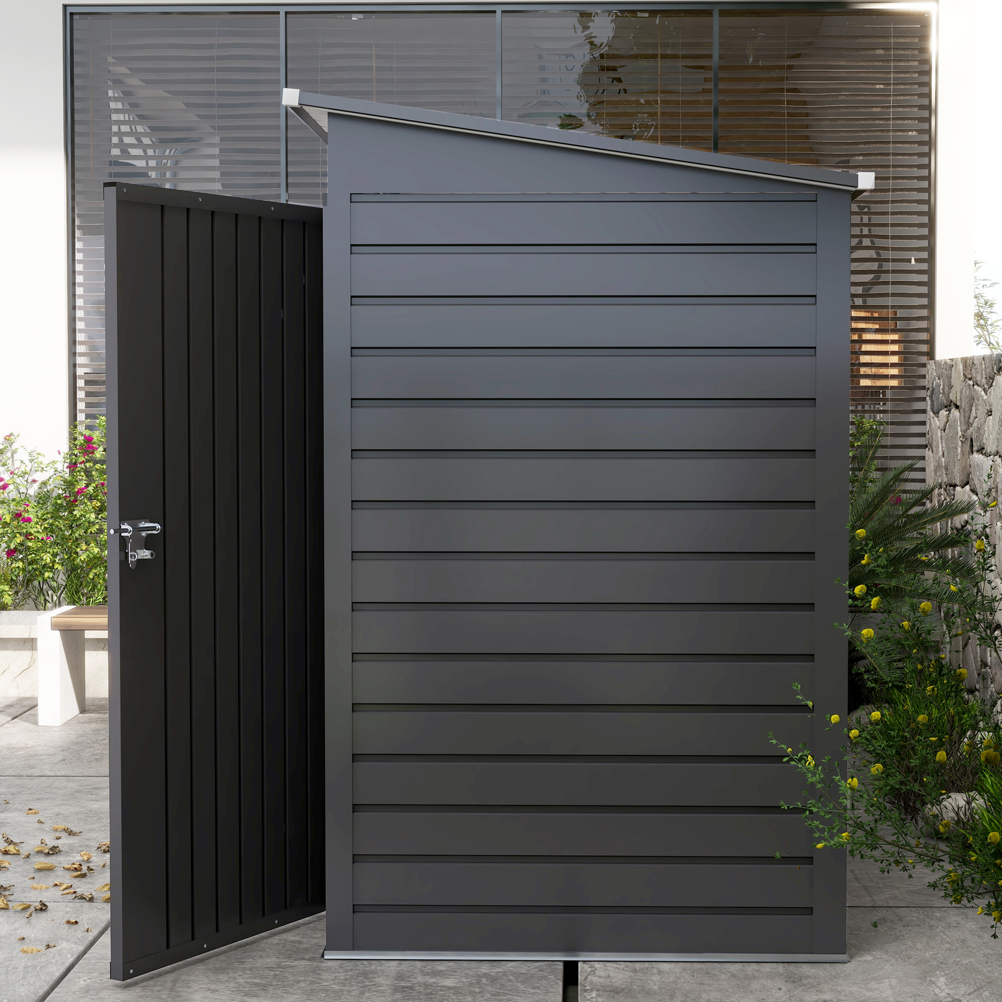 Outsunny Stalen tuinschuurtje, Ger?teschuppen, Dubbele Deuren, 249B x 121D x 166/183H cm, Grijs