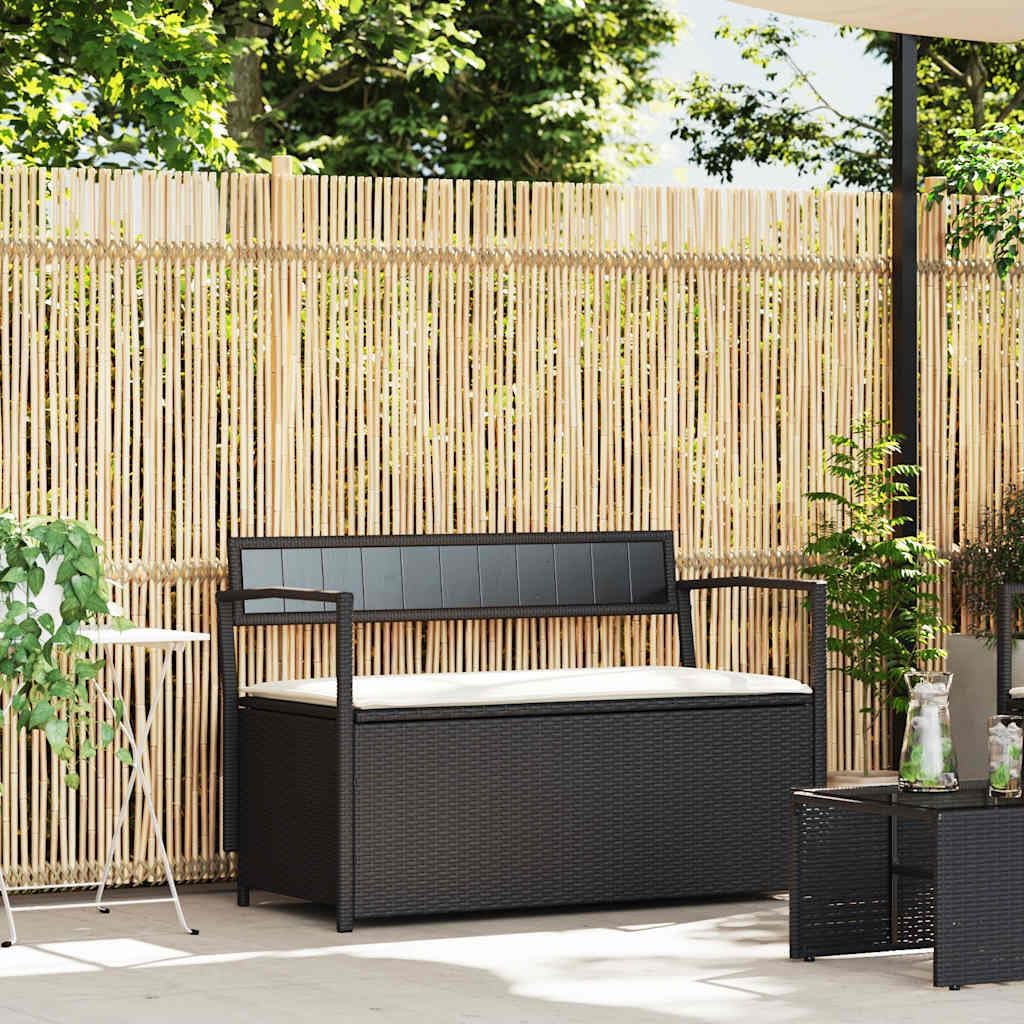 vidaXL Gartenbank mit Stauraum und Kissen Schwarz Poly Rattan, Gartenbank, Parkbank, Outdoor-Bank, Sitzbank, Terrassenbank, Außenbank, Gartenmöbel