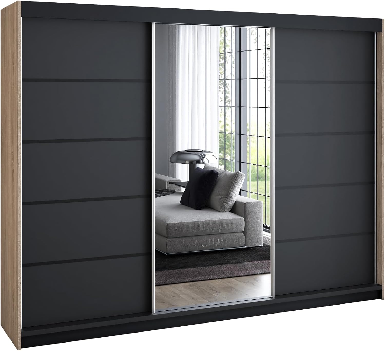 A&J MöbelLand Schwebetürenschrank VILUNO 4 Kleiderschrank 3-türig 200 cm mit Spiegel, 4 Schubladen & 2 Kleiderstangen, Geräumiger Schlafzimmerschrank (Sonoma/schwarz)