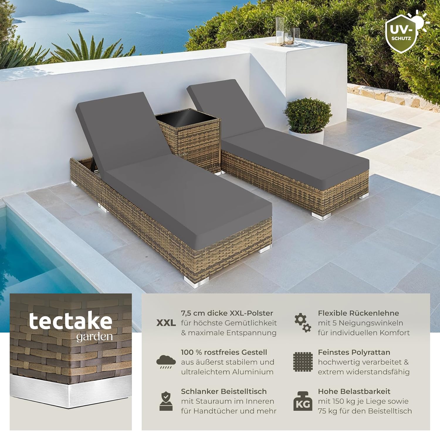 tectake® 2er Lounge Sonnenliegen Set Plus Tisch – inkl. 2 Bezugsets und Schutzhülle, Outdoor Poly Rattan Gartenmöbel Set, 2er Set - Natur