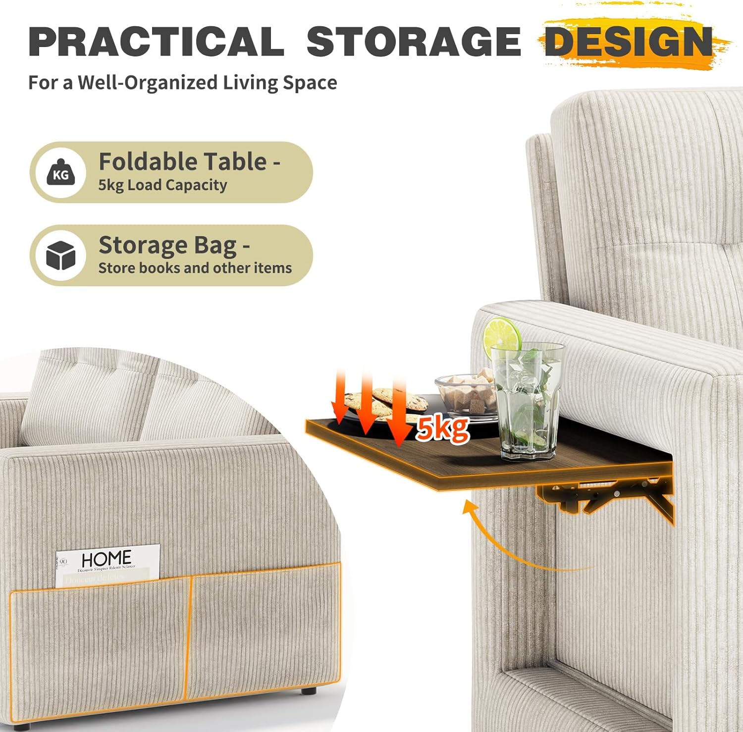 YOUDENOVA Sofá Cama 3 en 1, Sillón Cama multifunción, Sofá reclinable con Respaldo Regulable en 5 Posiciones, Sofá Cama para 2 Personas con Mesa y Bolsillos Laterales, Pana Beige