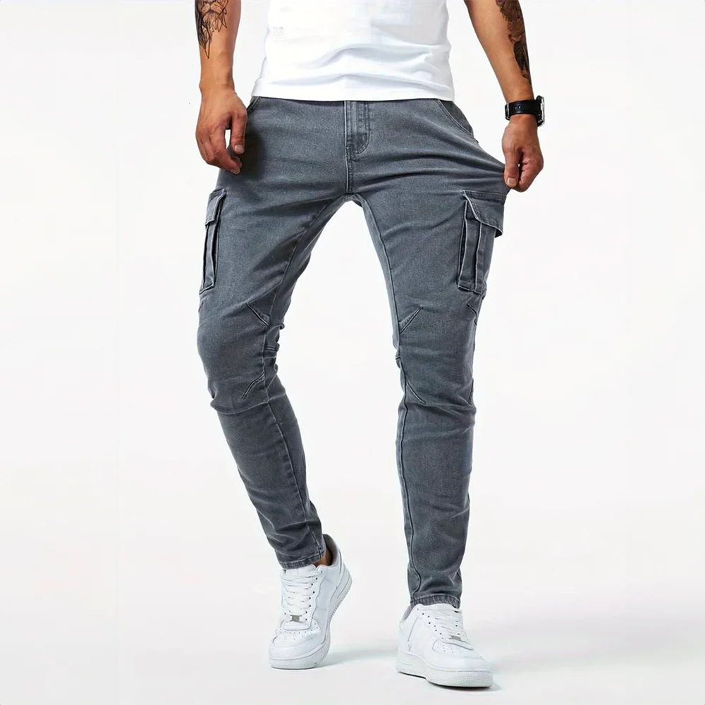 Herren Cargo Jeans aus elastischem Stretch Denim | Slim Fit Freizeithose mit praktischen Seitentaschen f��r Arbeit und Freizeit