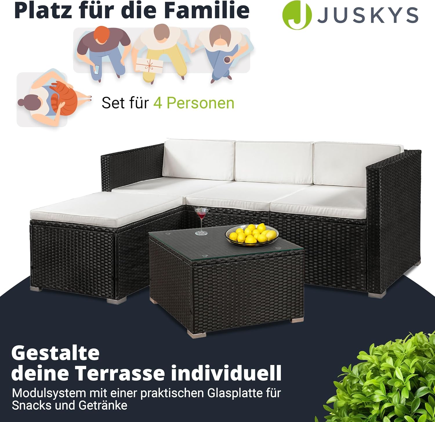 Juskys Polyrattan Lounge Punta Cana M für 3-4 Personen mit 3er Sofa, Sessel, Tisch & Kissen, Sitzgruppe für Garten, Terrasse und Balkon, Gartenmöbel Set wetterfest - schwarz/Creme