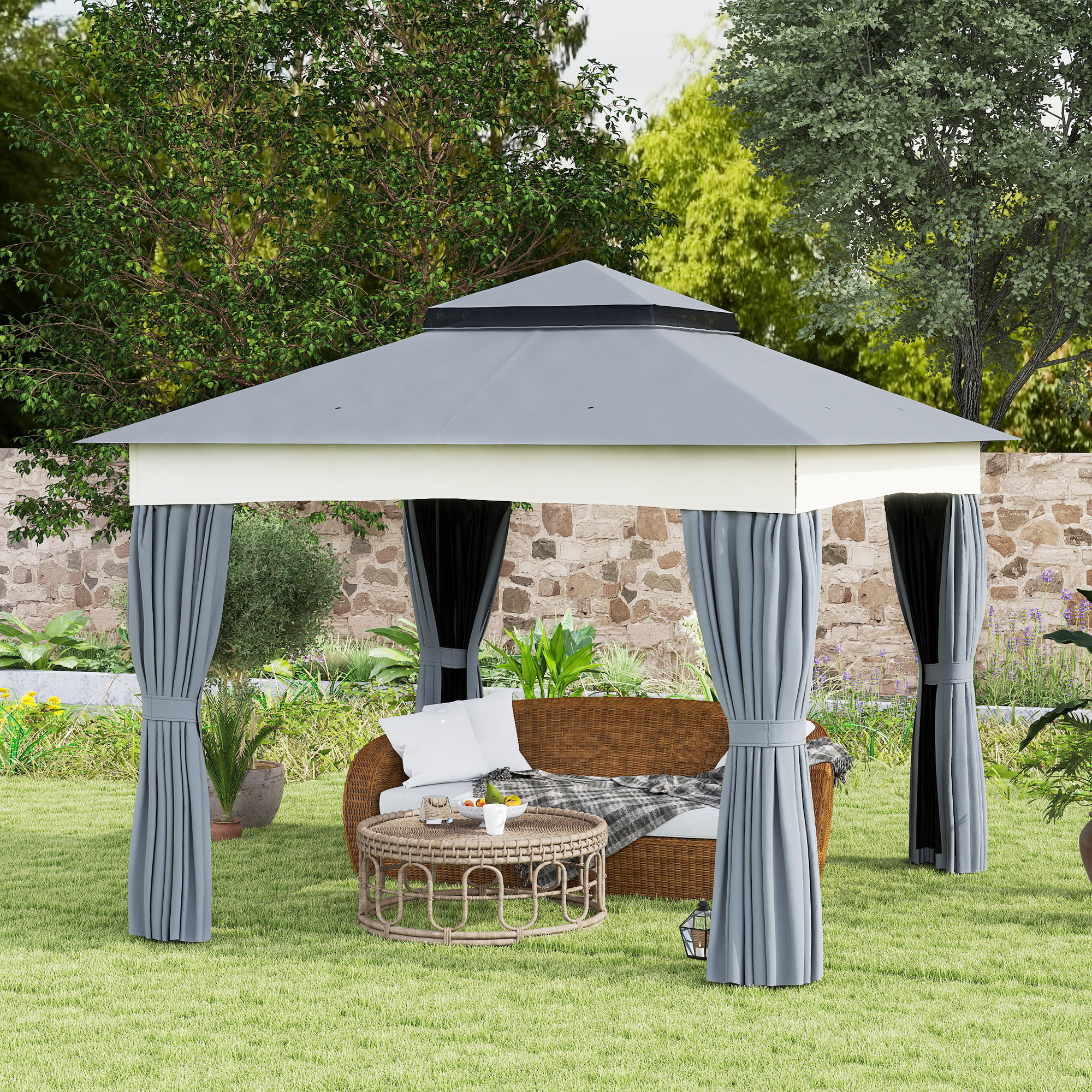 Paviljoen met Dubbel Dak, 3x3 m Waterafstotend en Stabiel Winterbestendig Tuinpaviljoen van Metaal - Donkergrijs