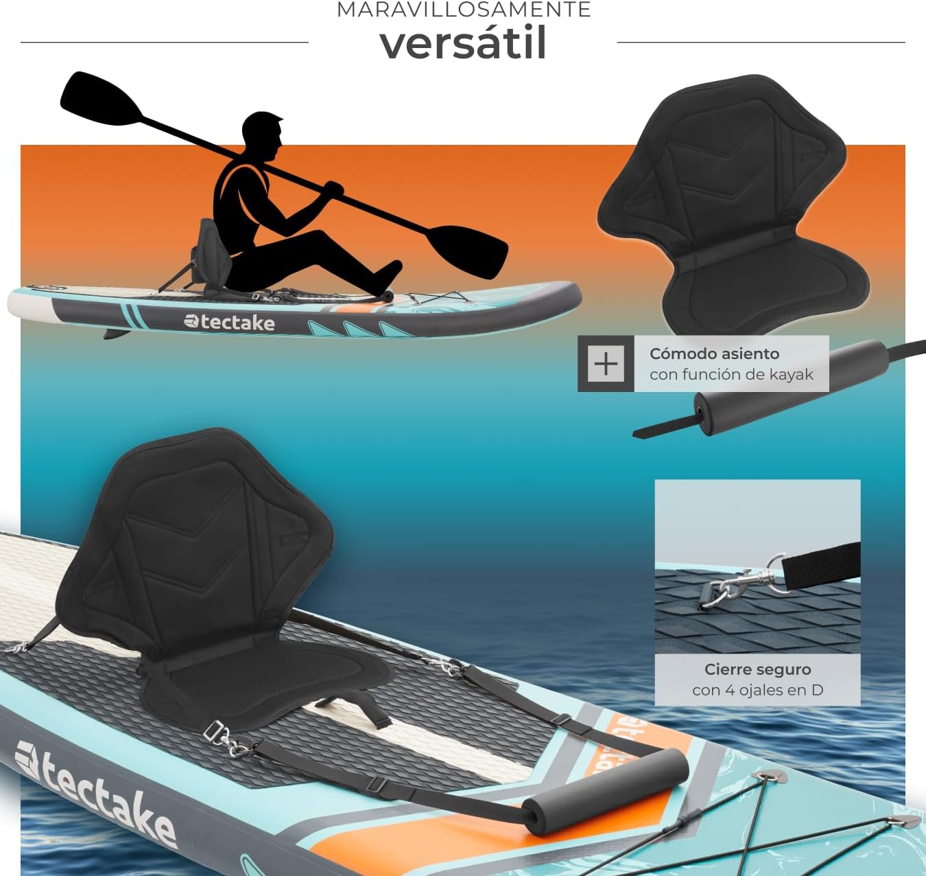 tectake® Tabla de Paddle Surf Hinchable, Incluye Remo 2 en 1, Asiento de Kayak, Bomba de Aire, Mochila de Transporte, Stand Up Paddle, Accesorios Paddle Surf, Tabla Hinchable