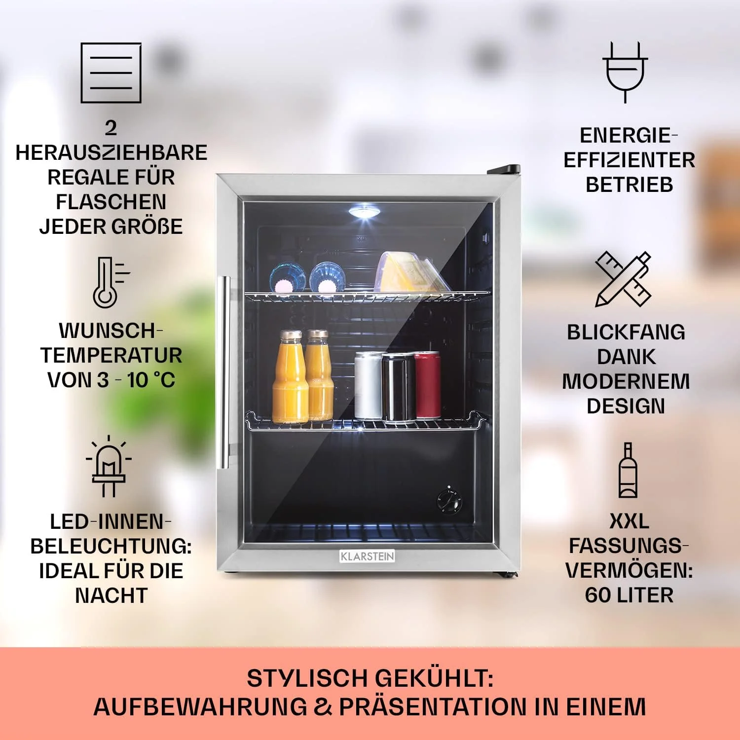 Klarstein Mini Koelkast met Glazen Deur voor Kamer, Drankenkoelkast met Verstelbare Planken, Klein 80 Liter, Indoor/Outdoor Koelkast Stil