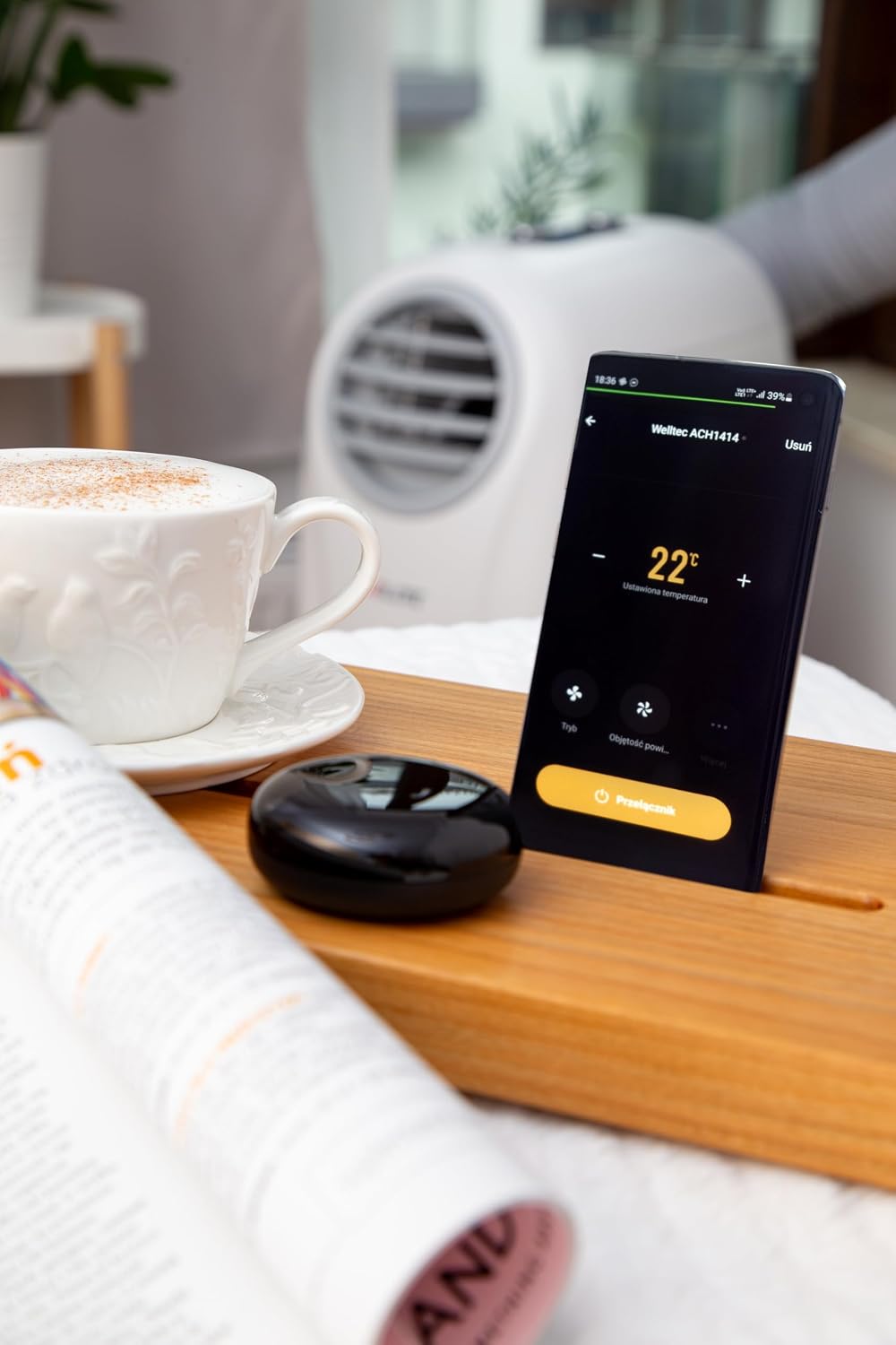 Welltec ACH1414 Mobile Klimaanlage | 4in1 Klimagerät: Kühlung, Heizung, Entfeuchtung, Belüftung | 14.000 BTU | max. 75 m² | WiFi | reichhaltiges Zubehörset | Energieklasse A | 5 Jahre Garantie