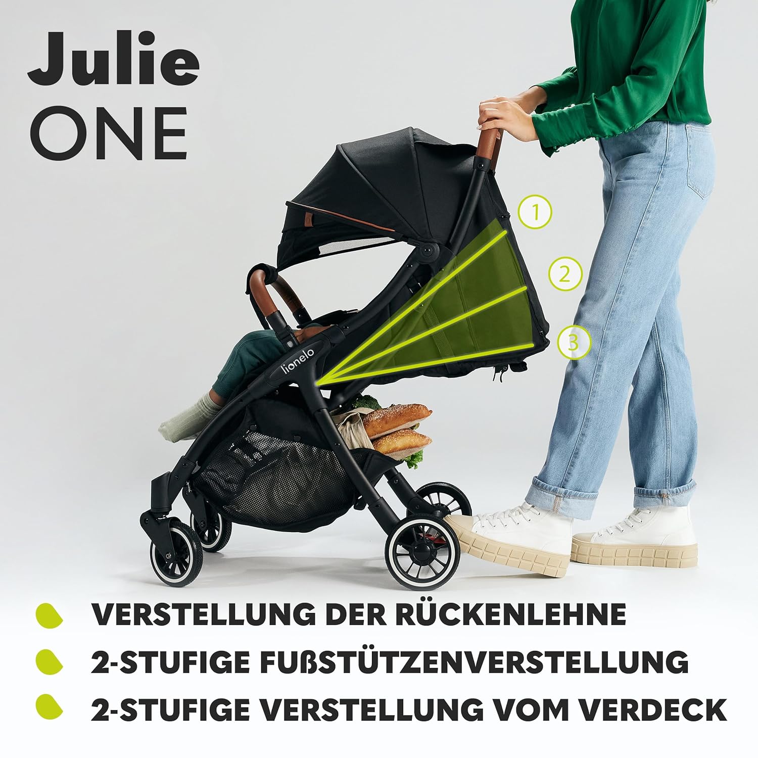 LIONELO Julie One Buggy Kinderwagen bis 22 kg, verstellbare Rückenlehne und Fußstütze, Moskitonetz, Beinwärmer, Getränkehalter und Transporttasche, zusammenklappbar