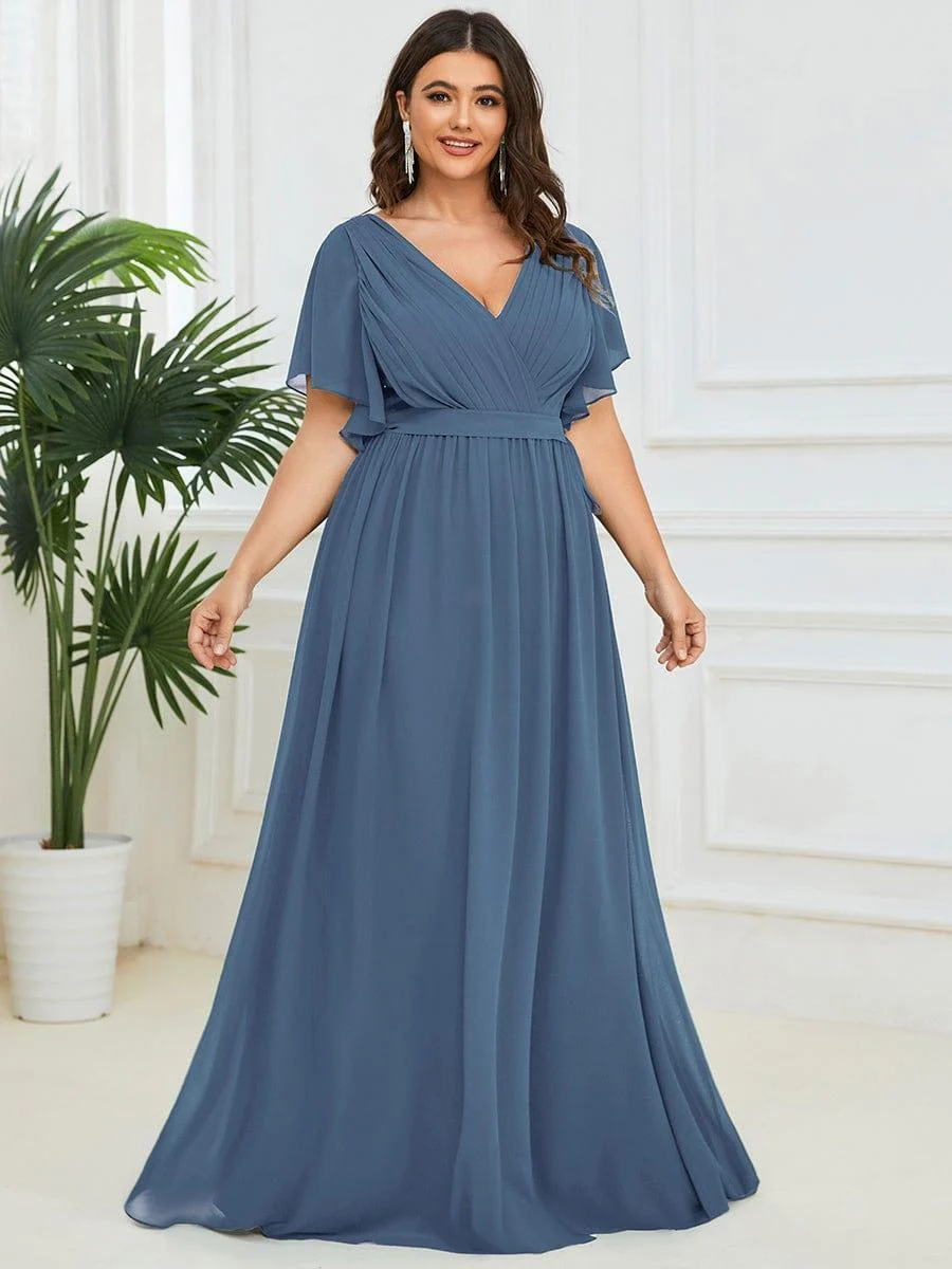 Abendkleid Damen Maxi A-Linie aus Chiffon | Festliches Kleid f��r Hochzeitsg?ste mit V-Ausschnitt und Fl��gel?rmeln