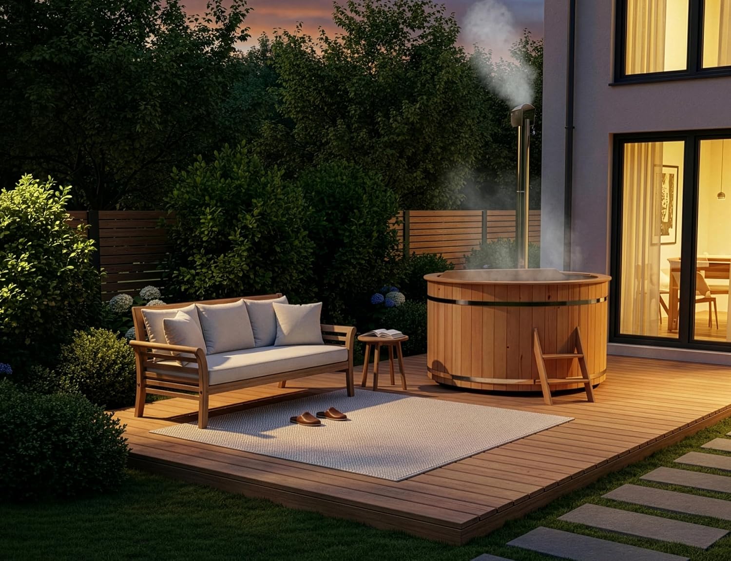Holz Badefass Bergen, Hot Tub Ø 160 x 110 cm, inkl. Edelstahl-Ofen 22 kW und Einstiegsleiter, 3-4 Personen, Schwimmbecken, Badebottich, Sprudelbad