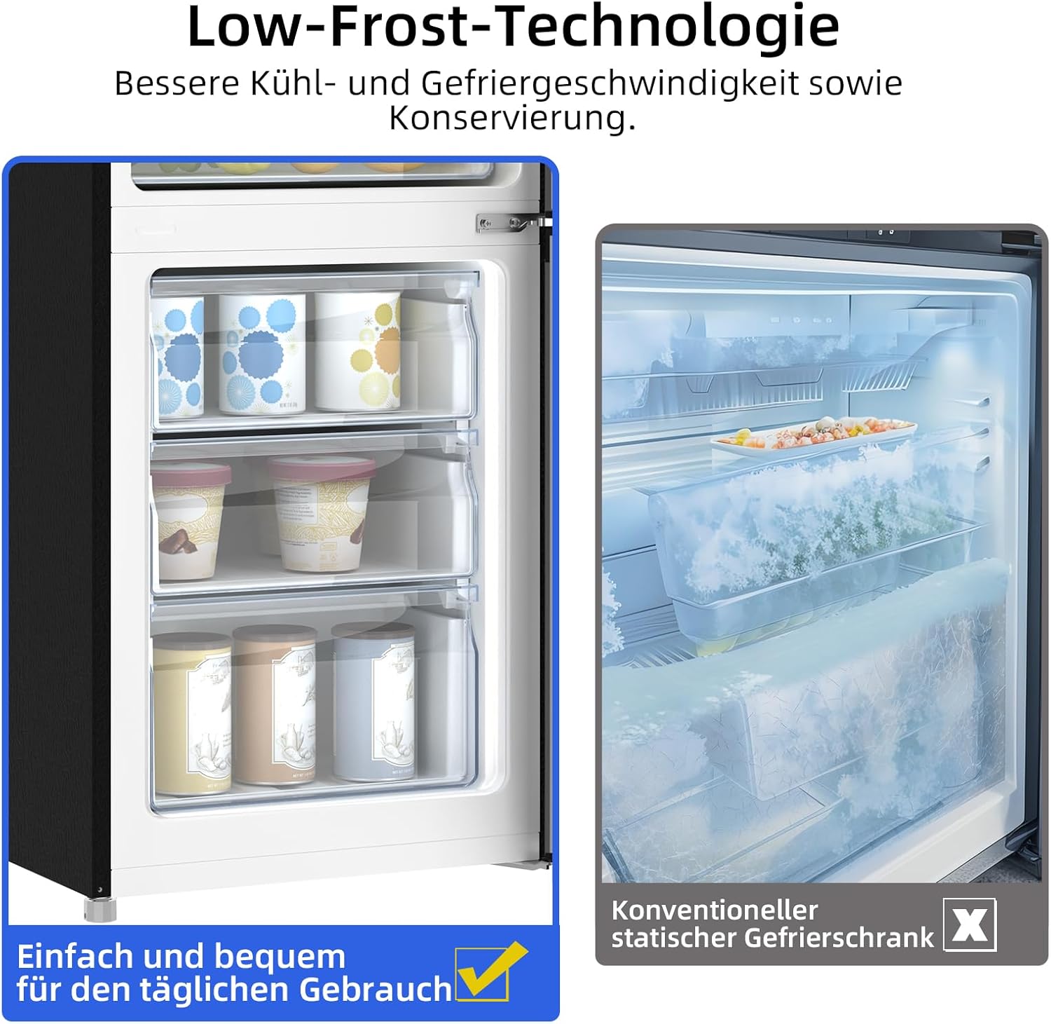 CHIQ CTT107BC Kühlschrank Klein 107 Liter, Höhe 84cm, Tiefe 55cm, Platzbedarf nur 0,3 ㎡, Mikro-Gefrierfach, Vario Box, 7 Temperaturregelstufen, geräuscharm, 87 kWh/Jahr, Schwarz