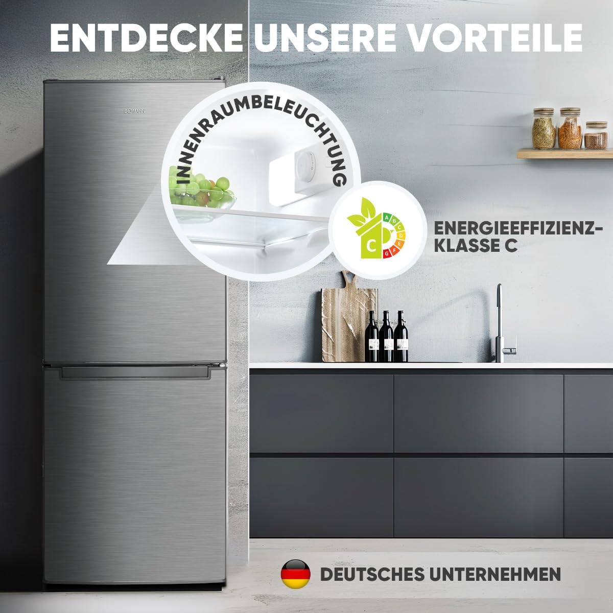 Bomann® Kühlschrank mit Gefrierfach | Energieklasse C | 143cm | Kühl Gefrierkombination leise 40 dB | 3 Ablagen & 2 Schubladen | Türanschlag wechselbar | 173L Kühlgefrierkombi | KG 7359 inox