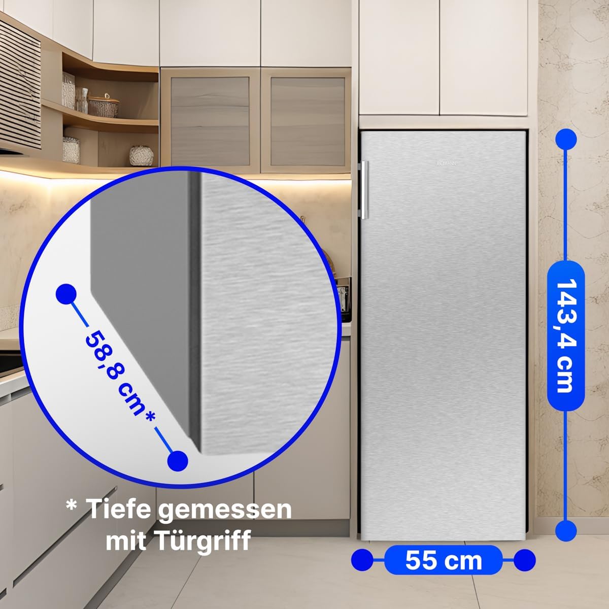 Bomann Réfrigérateur 242L inox VS7316-1-inox, Capacité nette : 242 litres, Éclairage intérieur à DEL, Contrôle de la température en continu, 5 clayettes en verre