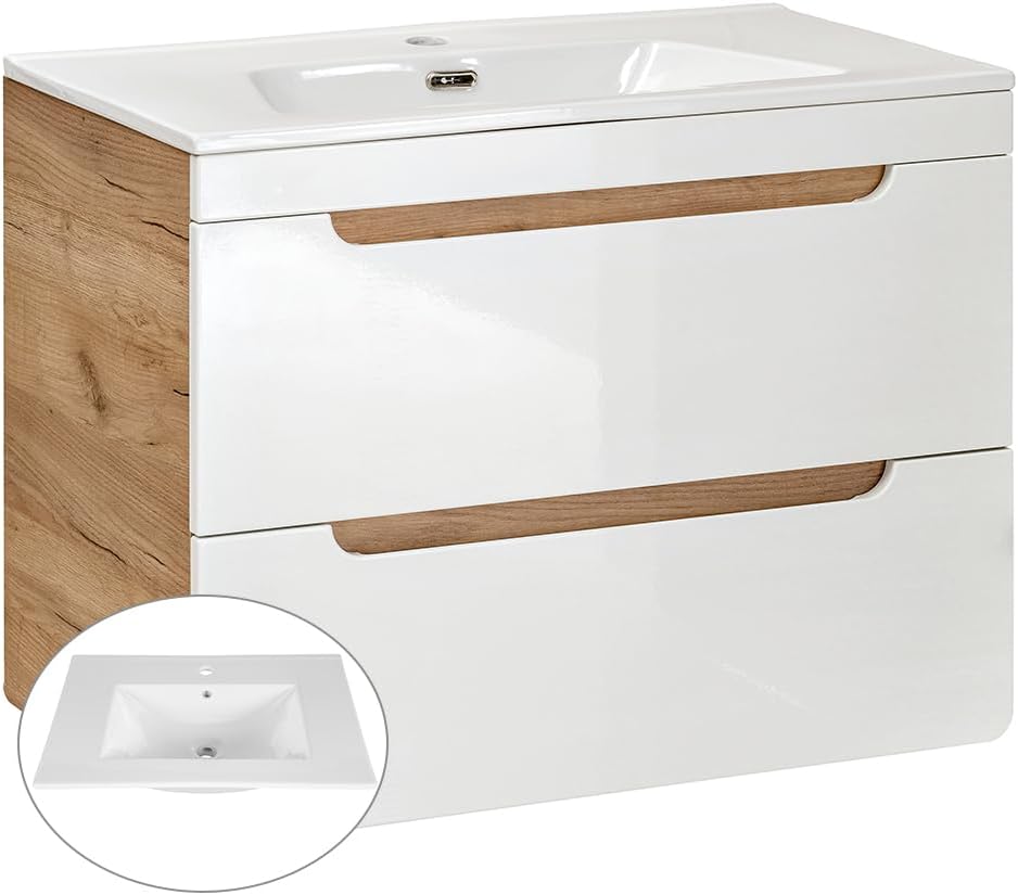 Lomadox Badmöbel Set, Hochglanz weiß mit Wotan Eiche Nb., 80 cm Waschtisch-Unterschrank mit Keramik-Waschbecken, 50 cm LED-Spiegel, Hochschrank & 3 Hängeschränke