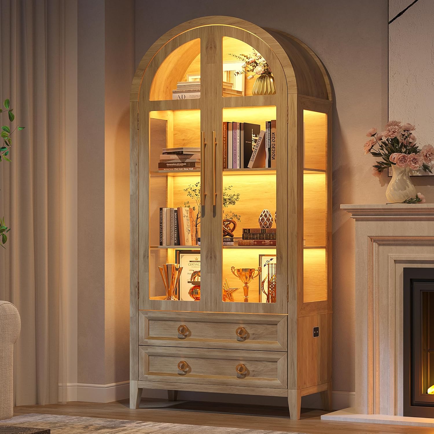 LVSOMT Gewölbte Glasvitrine mit LED Beleuchtung, 180cm Vitrinenschrank mit Glastüren, Bogen Vitrine mit 4 Display Regale und 2 Schubladen, 3 Farbe Licht, Vitrine Glas Holz Wohnzimmer Flur, Holz