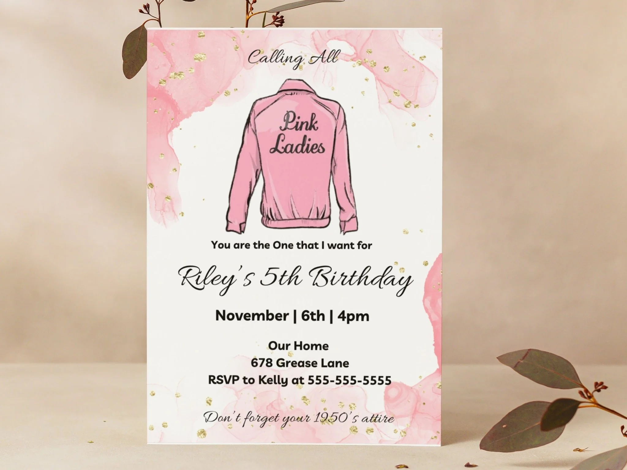Grease Birthday Invitation, Pink Ladies Invitation, Children's 1950's birthday invitation