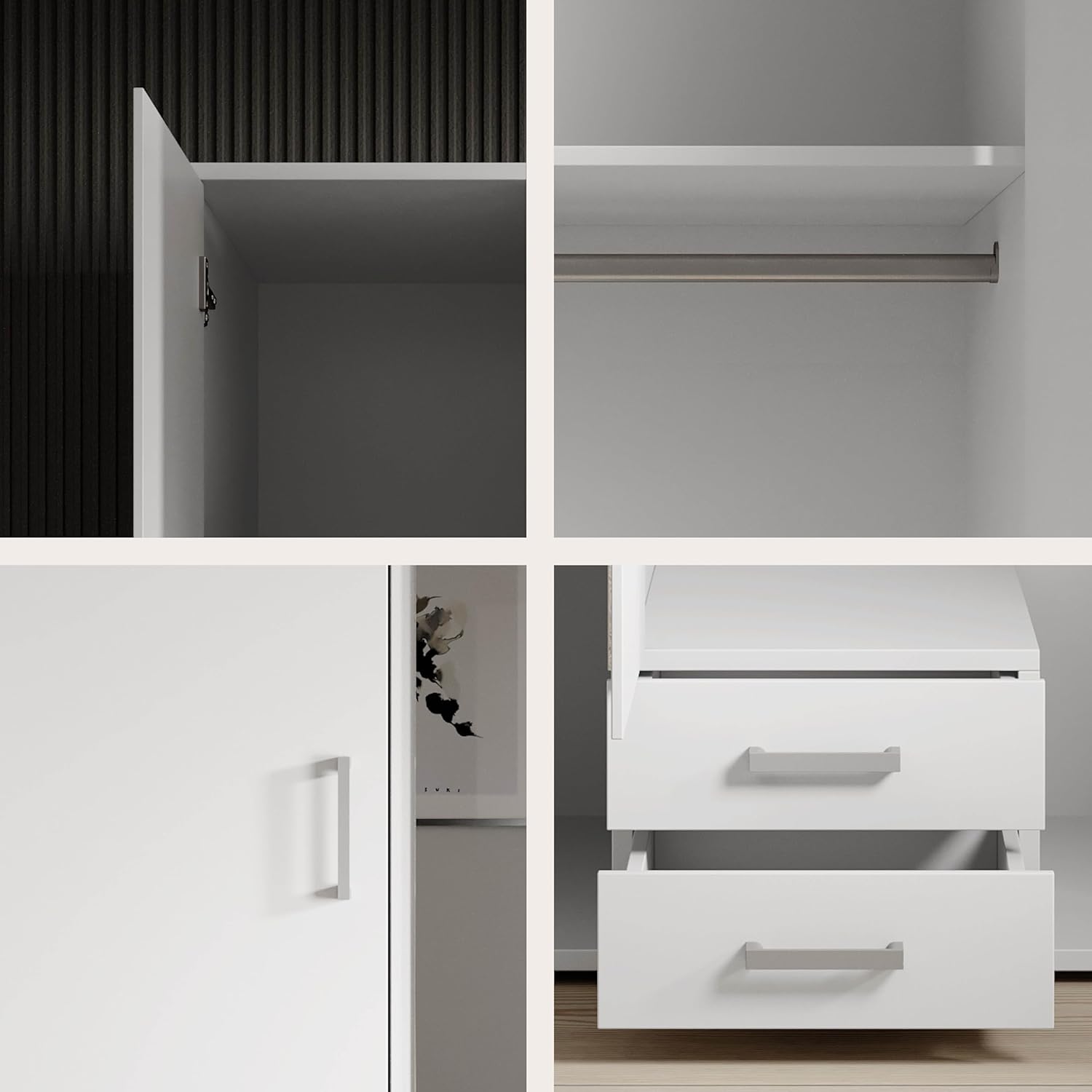 Stella Trading KARL Eleganter Kleiderschrank 3-türig mit viel Stauraum - Vielseitiger Drehtürenschrank in Weiß mit Spiegeltür - 120 x 195 x 55 cm (B/H/T)