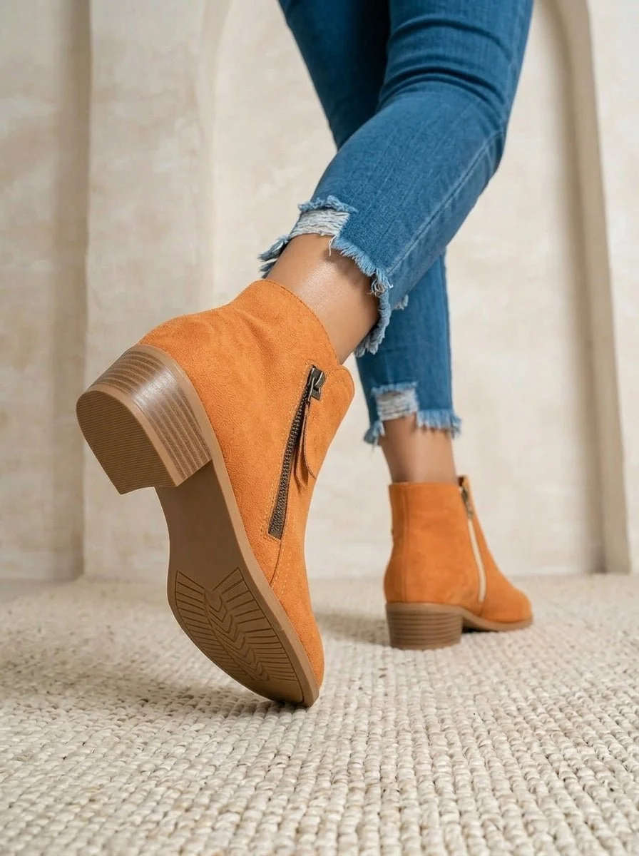 Damen Stiefeletten aus Wildleder mit bequemem Blockabsatz und praktischem Seitenrei?verschluss f��r herbstliche Outfits