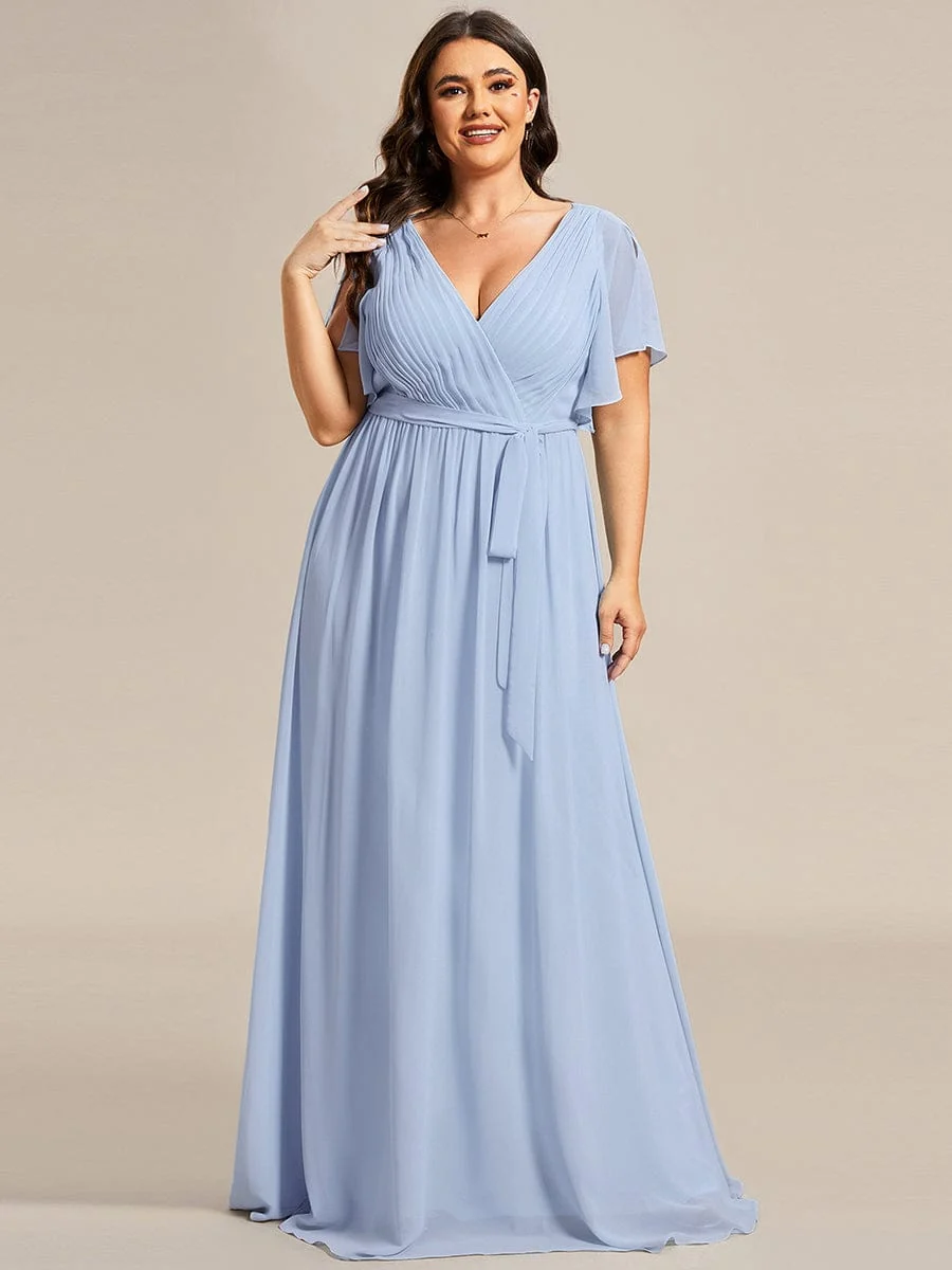 Abendkleid Damen Maxi A-Linie aus Chiffon | Festliches Kleid f��r Hochzeitsg?ste mit V-Ausschnitt und Fl��gel?rmeln