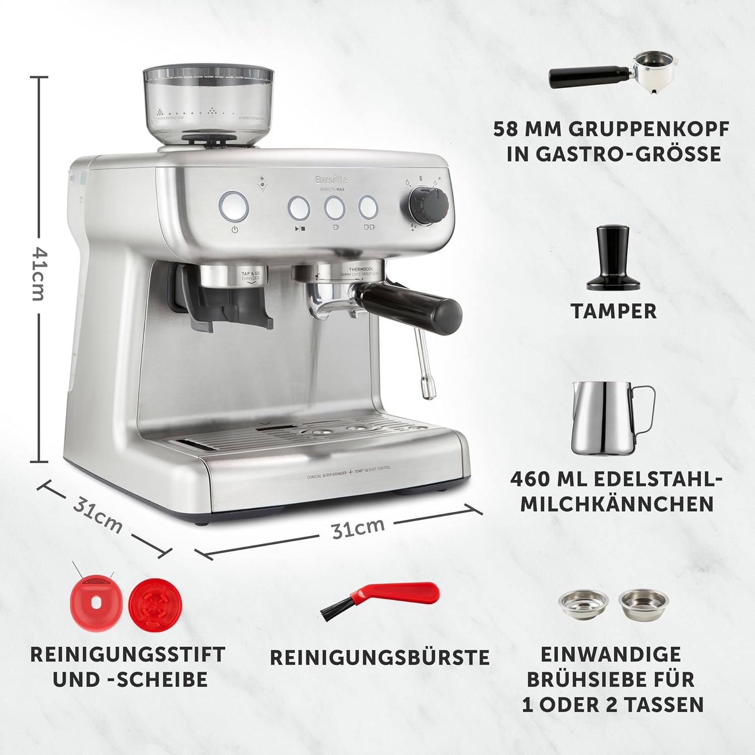 Breville Barista Max Siebträgermaschine | Espressomaschine/Kaffeemaschine mit integriertem Mahlwerk und Milchaufschäumer| 2,8-l-Wasserbehälter | Italienische Pumpe mit 15 Bar | Edelstahl [VCF126X]